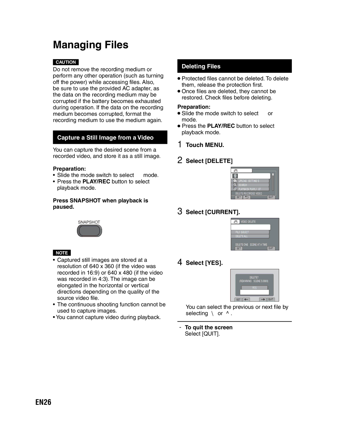 JVC GZ-MS130U instruction manual Managing Files, EN26, Capture a Still Image from a Video, Deleting Files 