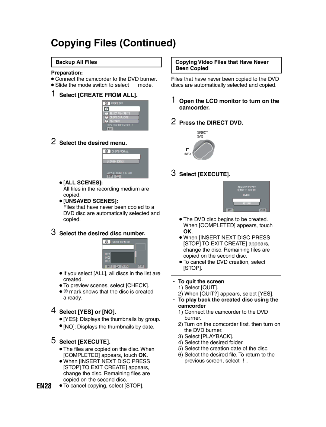 JVC GZ-MS130U instruction manual Select Create from ALL, Select the desired disc number, Select YES or no, Select Execute 