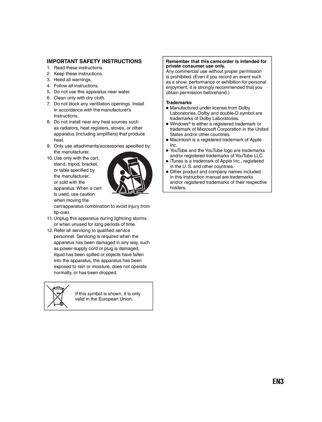 JVC GZ-MS130U instruction manual Important Safety Instructions, Trademarks 