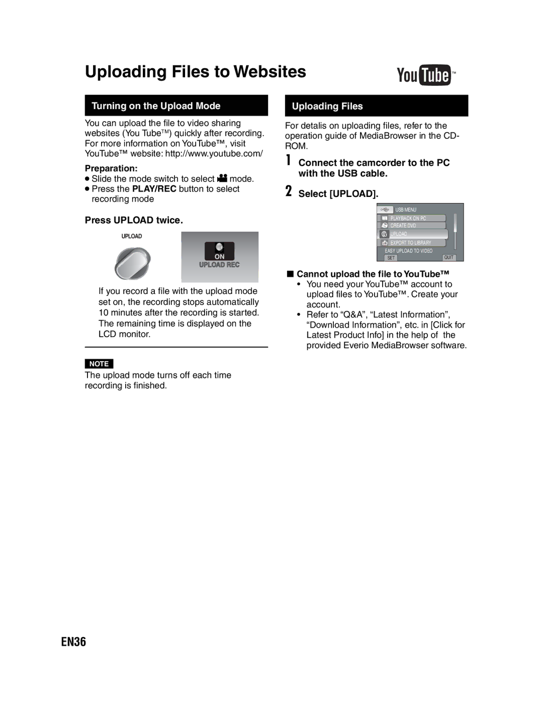 JVC GZ-MS130U instruction manual Uploading Files to Websites, EN36, Turning on the Upload Mode, Press Upload twice 