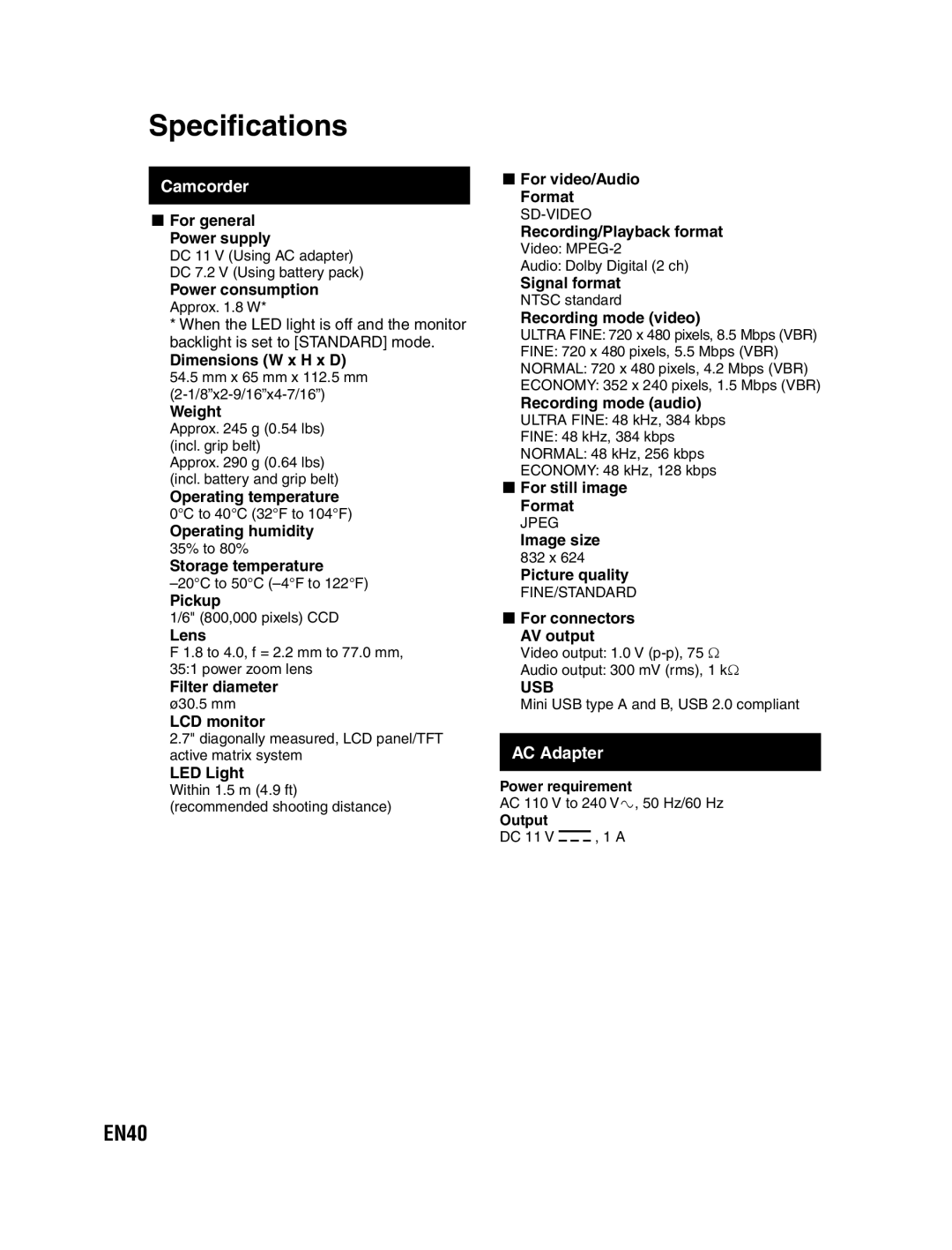 JVC GZ-MS130U instruction manual Specifications, EN40, AC Adapter 