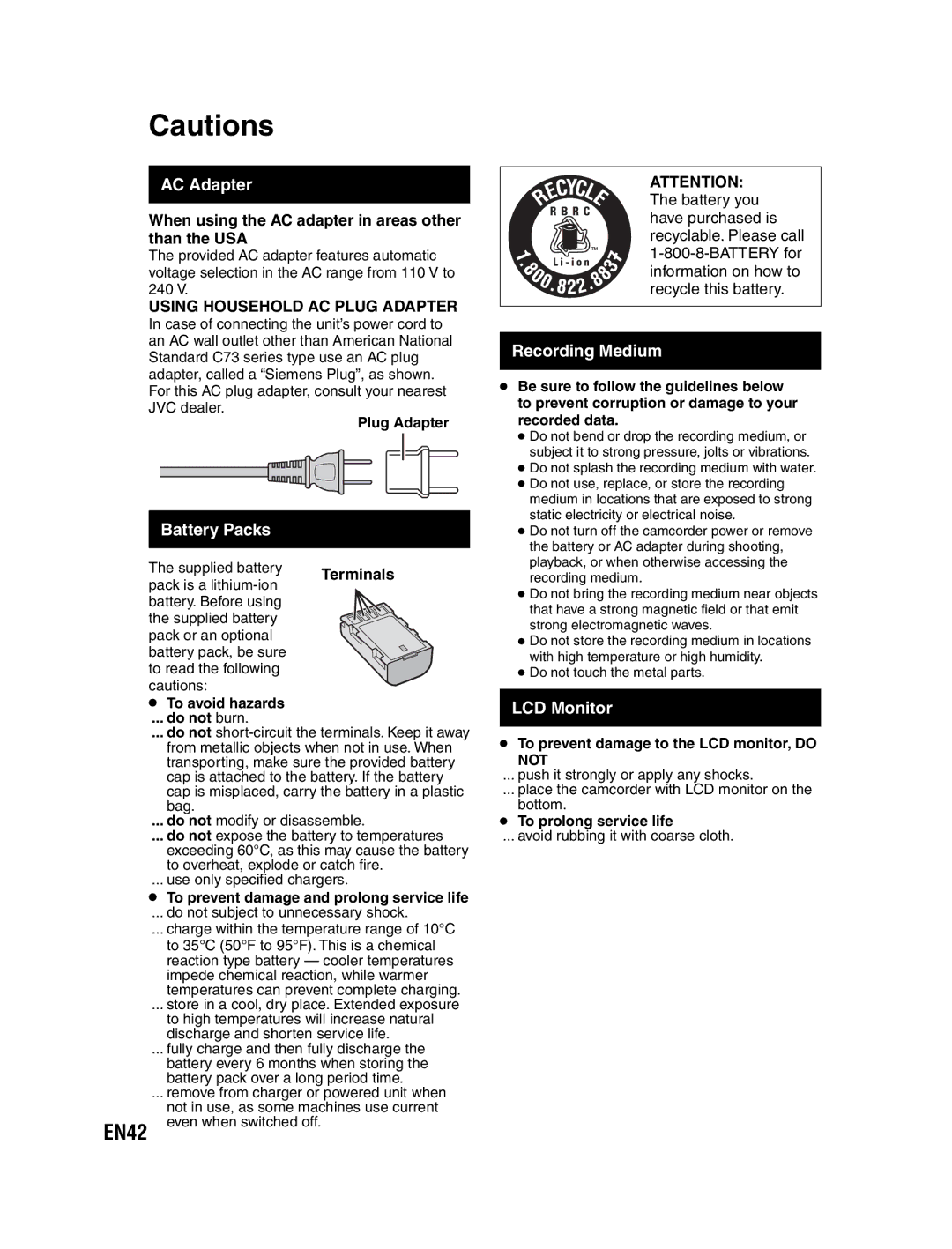 JVC GZ-MS130U EN42, Battery Packs, Recording Medium, LCD Monitor, When using the AC adapter in areas other than the USA 
