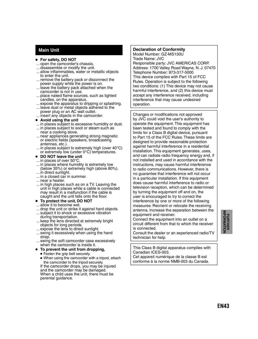 JVC GZ-MS130U instruction manual EN43, Main Unit, Declaration of Conformity 