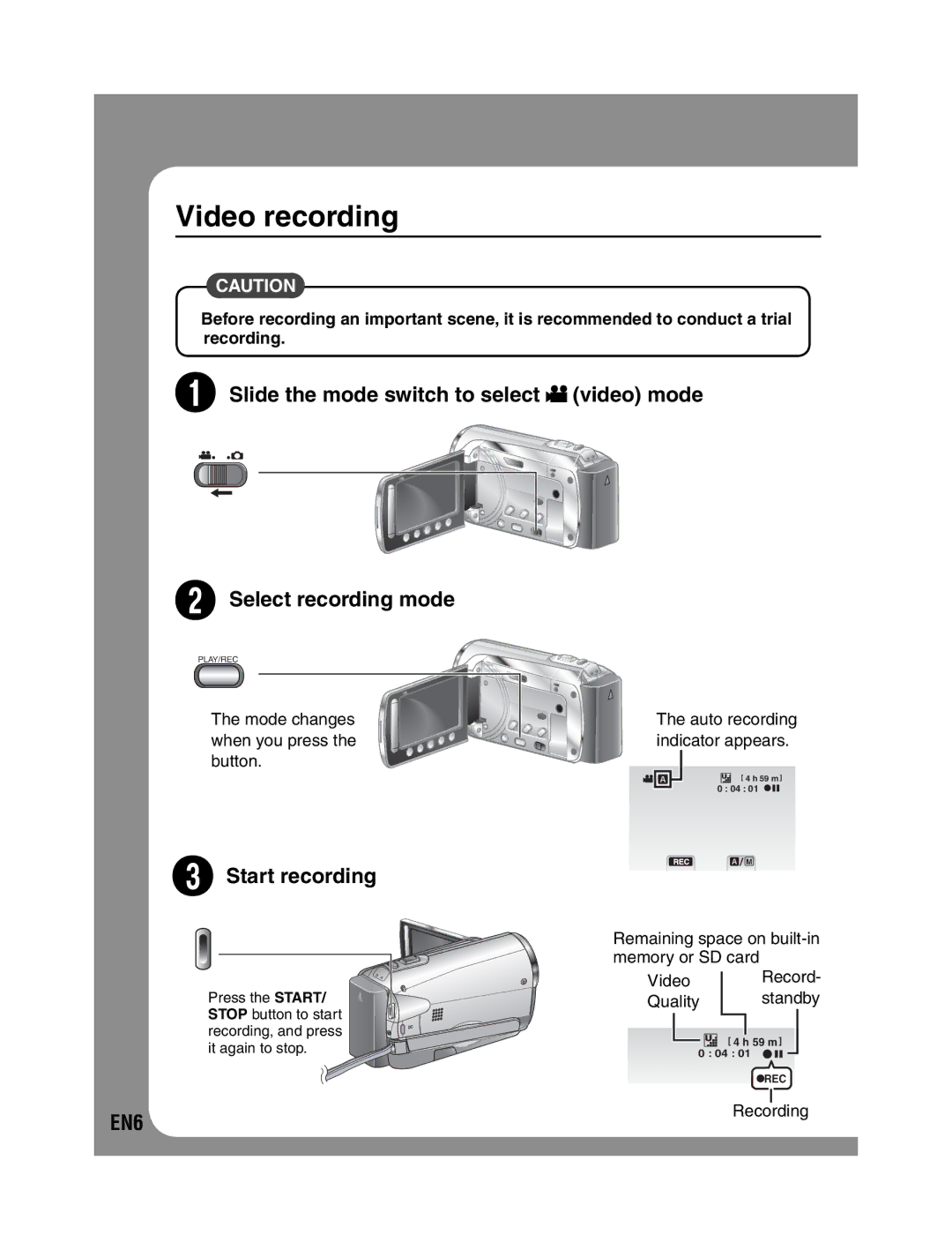 JVC GZ-MS130U instruction manual Video recording, Start recording 