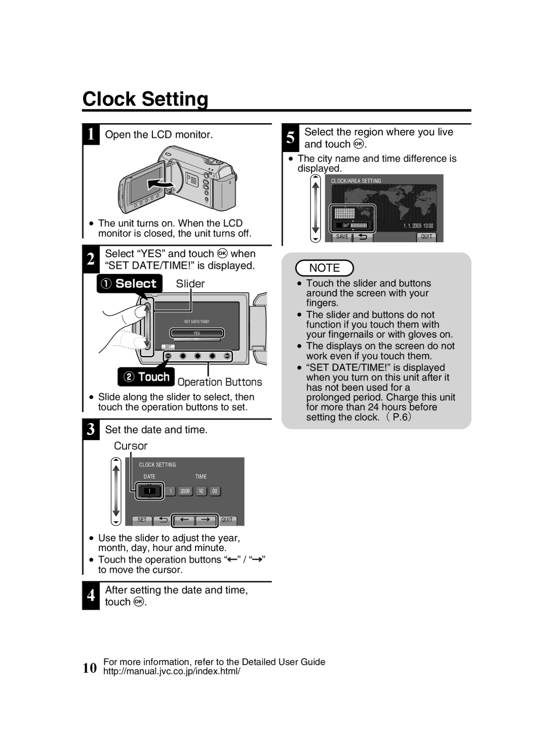 JVC GZ-MS230 manual Clock Setting, Open the LCD monitor, Select YES and touch, SET DATE/TIME! is displayed 