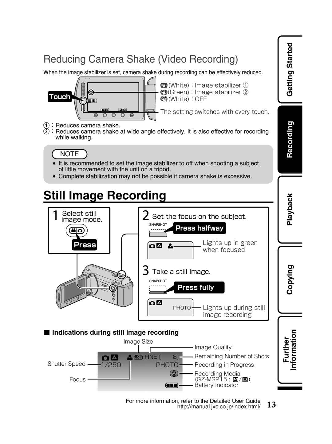 JVC GZ-MS230 manual Still Image Recording, Recording Getting Started, Playback, Further Information 