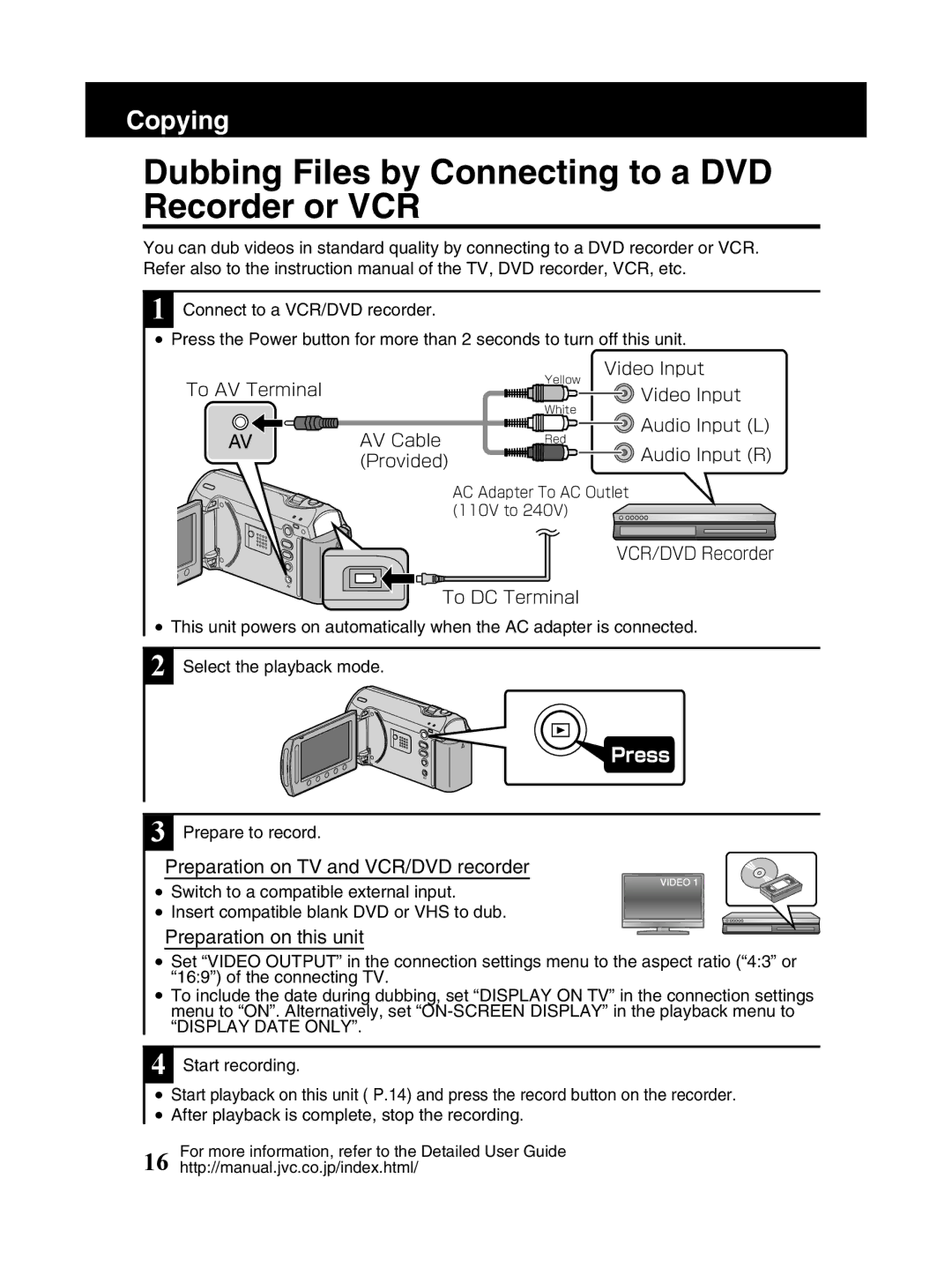 JVC GZ-MS230 manual Dubbing Files by Connecting to a DVD Recorder or VCR, Prepare to record, Display Date only 