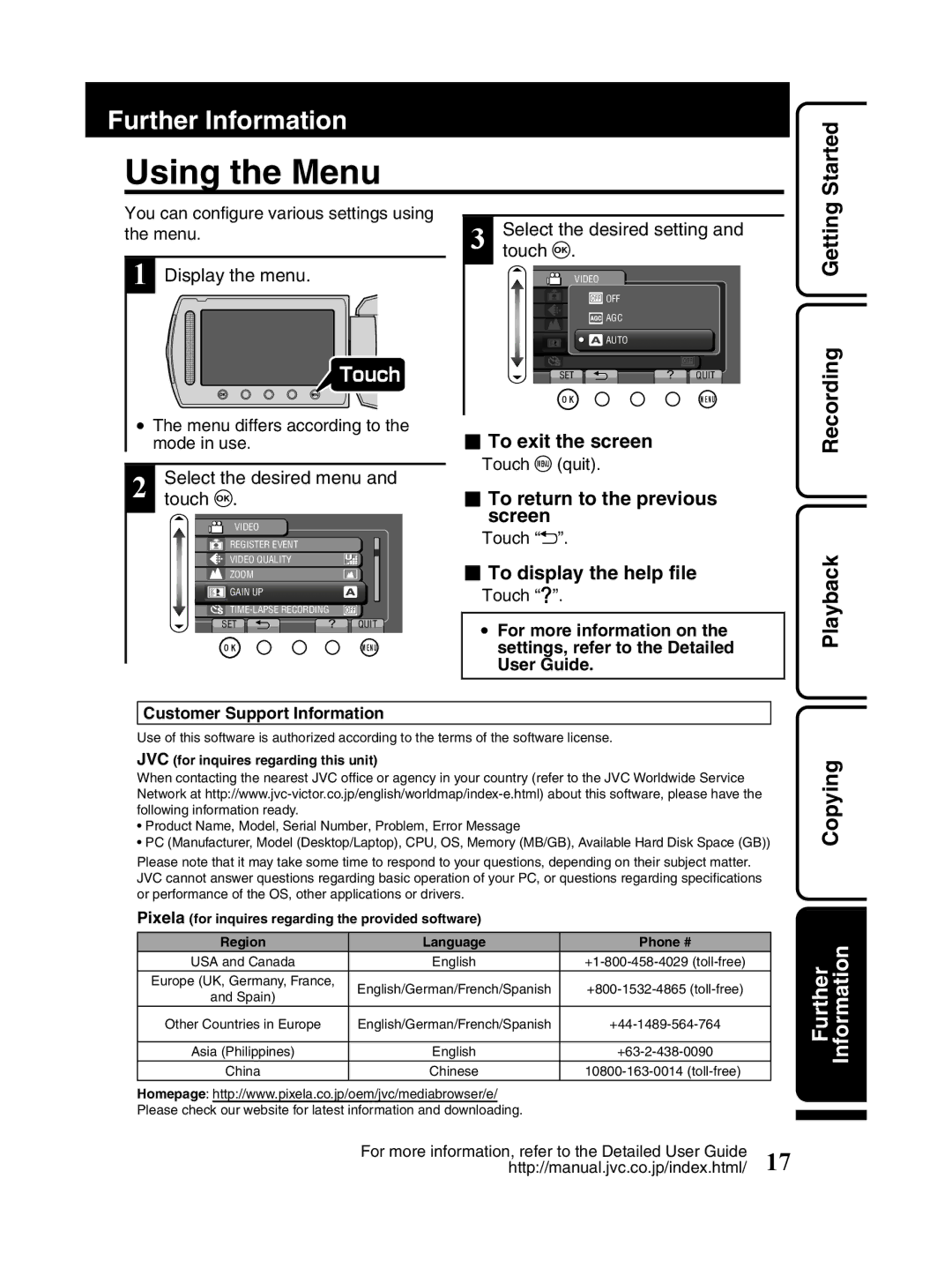 JVC GZ-MS230 manual Using the Menu, Started, PlaybackRecording Getting 