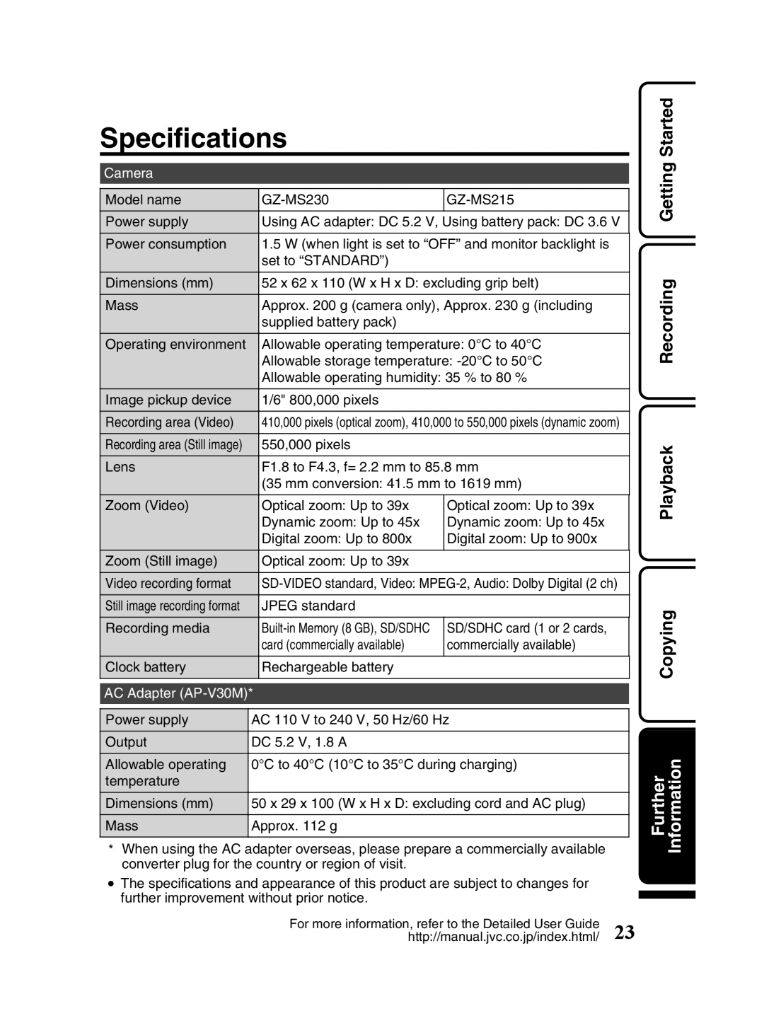 JVC GZ-MS230 manual Specifications, Camera, Jpeg standard Recording media, SD/SDHC card 1 or 2 cards, AC Adapter AP-V30M 