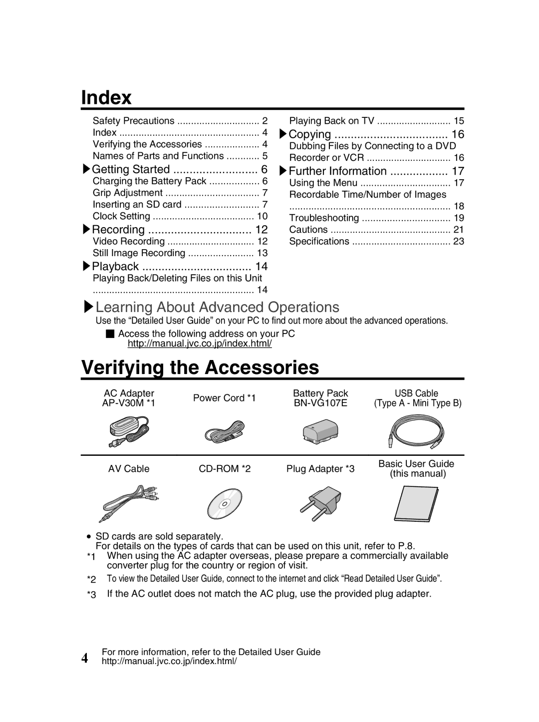 JVC GZ-MS230 manual Index, Verifying the Accessories 