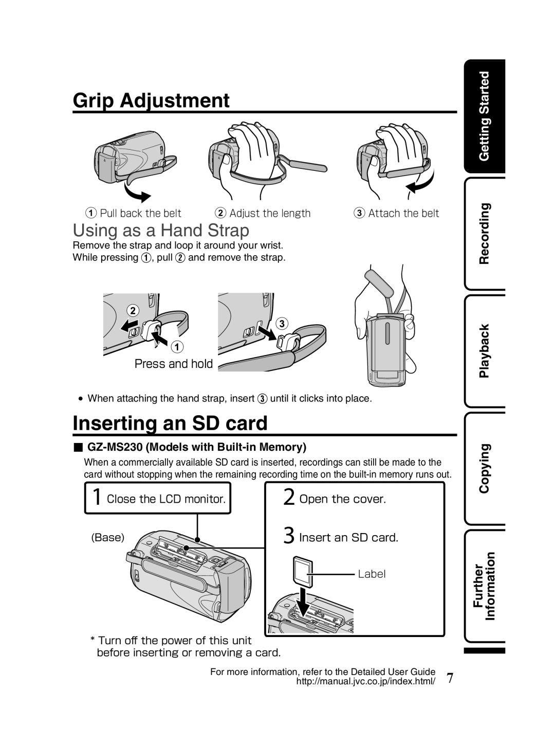 JVC manual Grip Adjustment, Inserting an SD card, Information, GZ-MS230 Models with Built-in Memory 