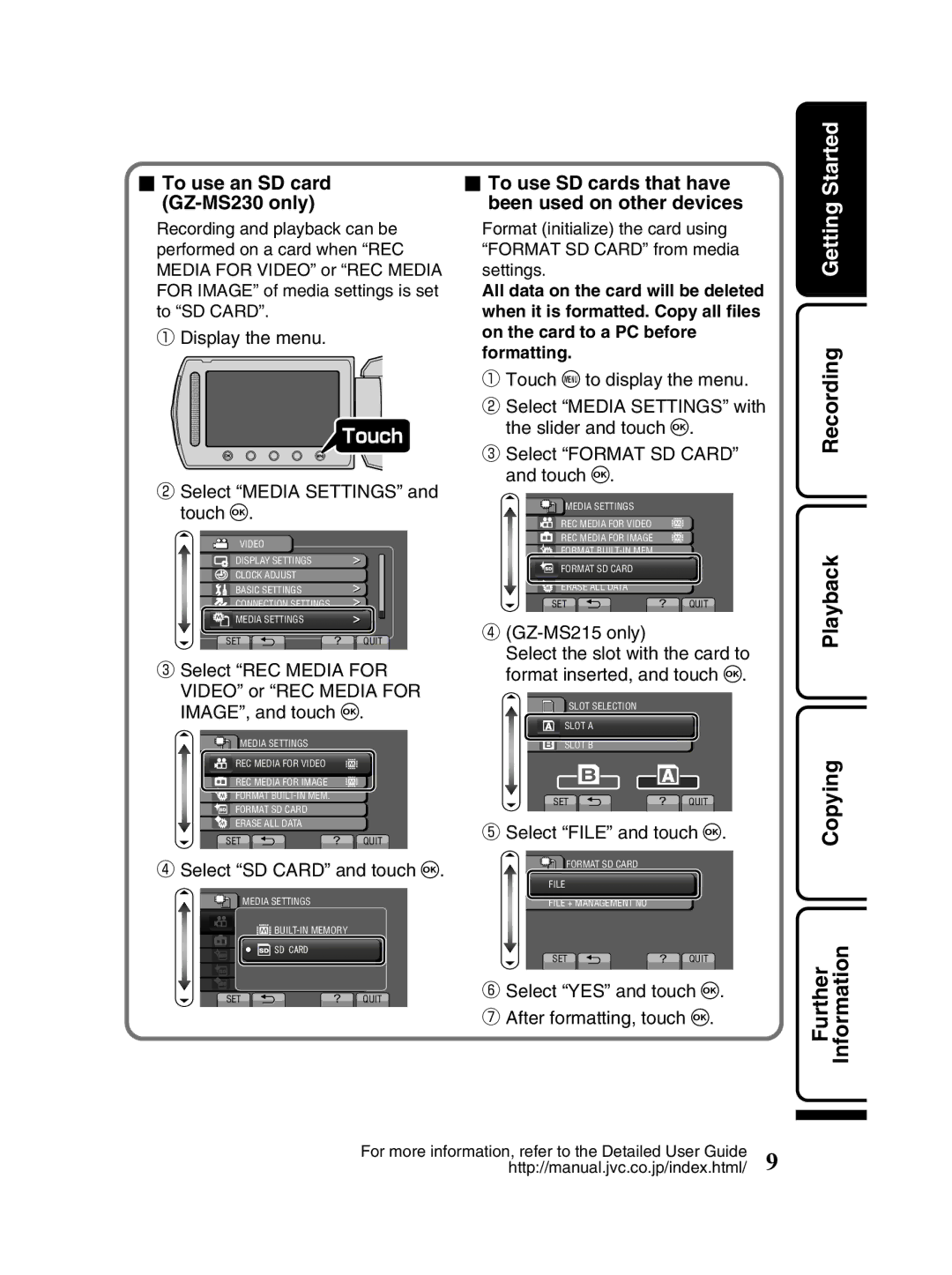 JVC manual To use an SD card GZ-MS230 only, To use SD cards that have been used on other devices, Touch 