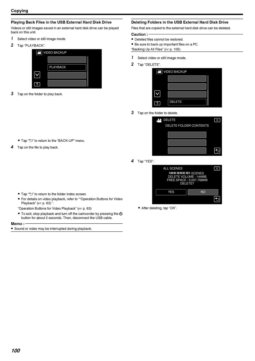 JVC GZ-V500 manual 100, Playing Back Files in the USB External Hard Disk Drive 