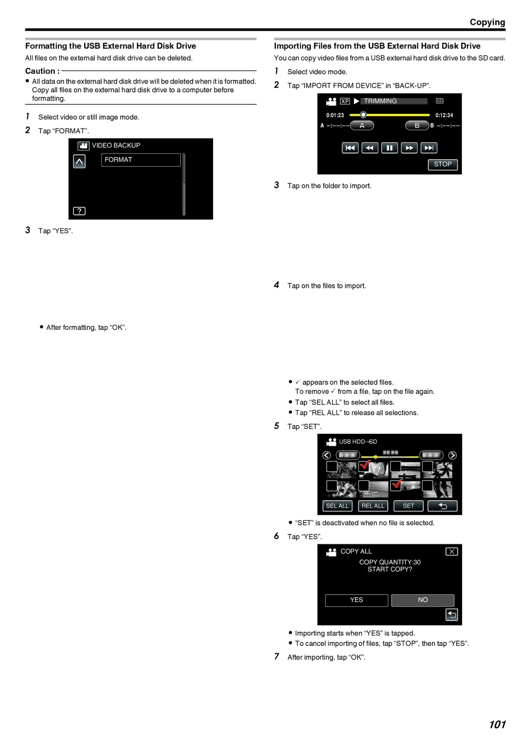 JVC GZ-V500 manual 101, Formatting the USB External Hard Disk Drive 