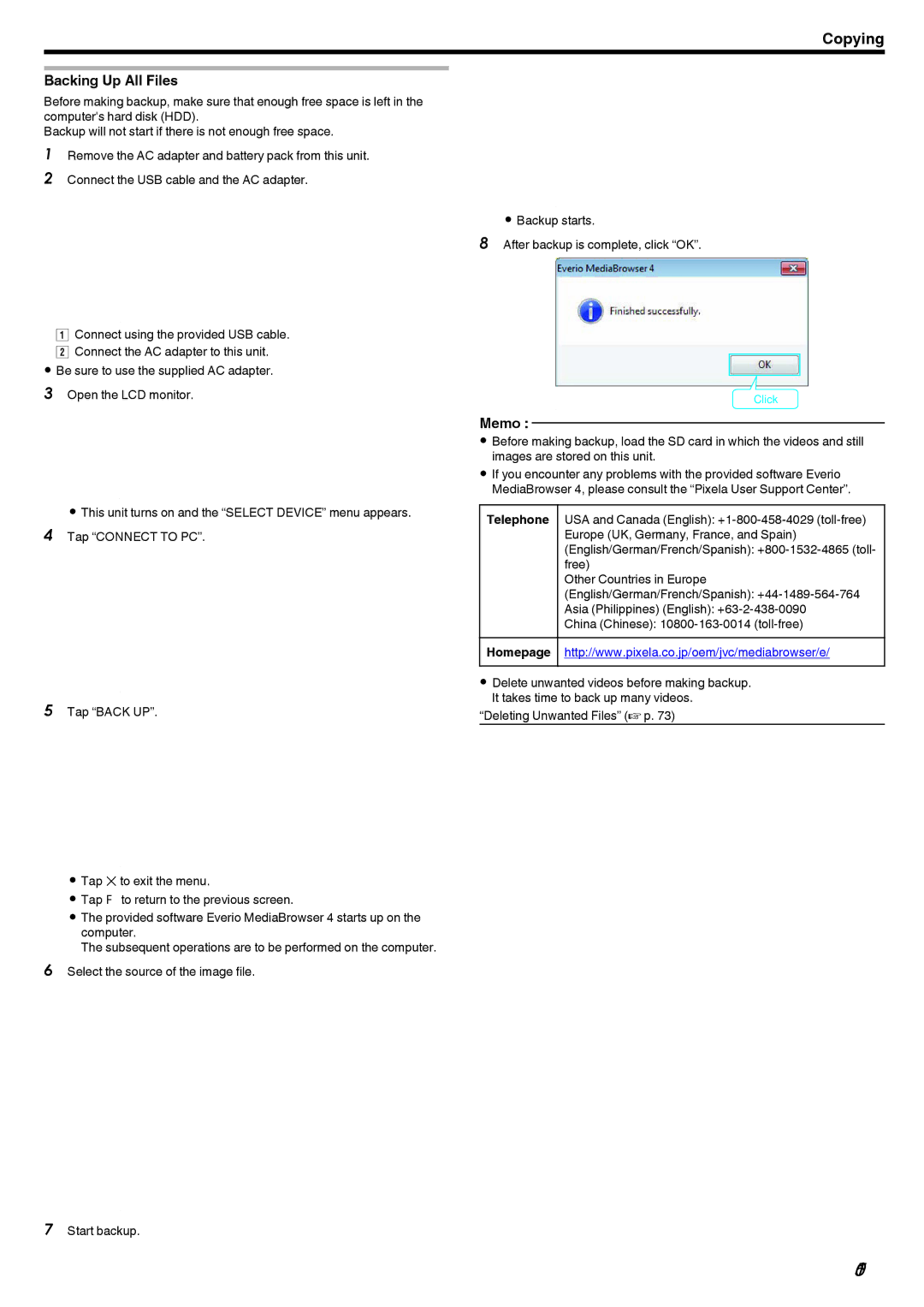 JVC GZ-V500 manual 105, Backing Up All Files 