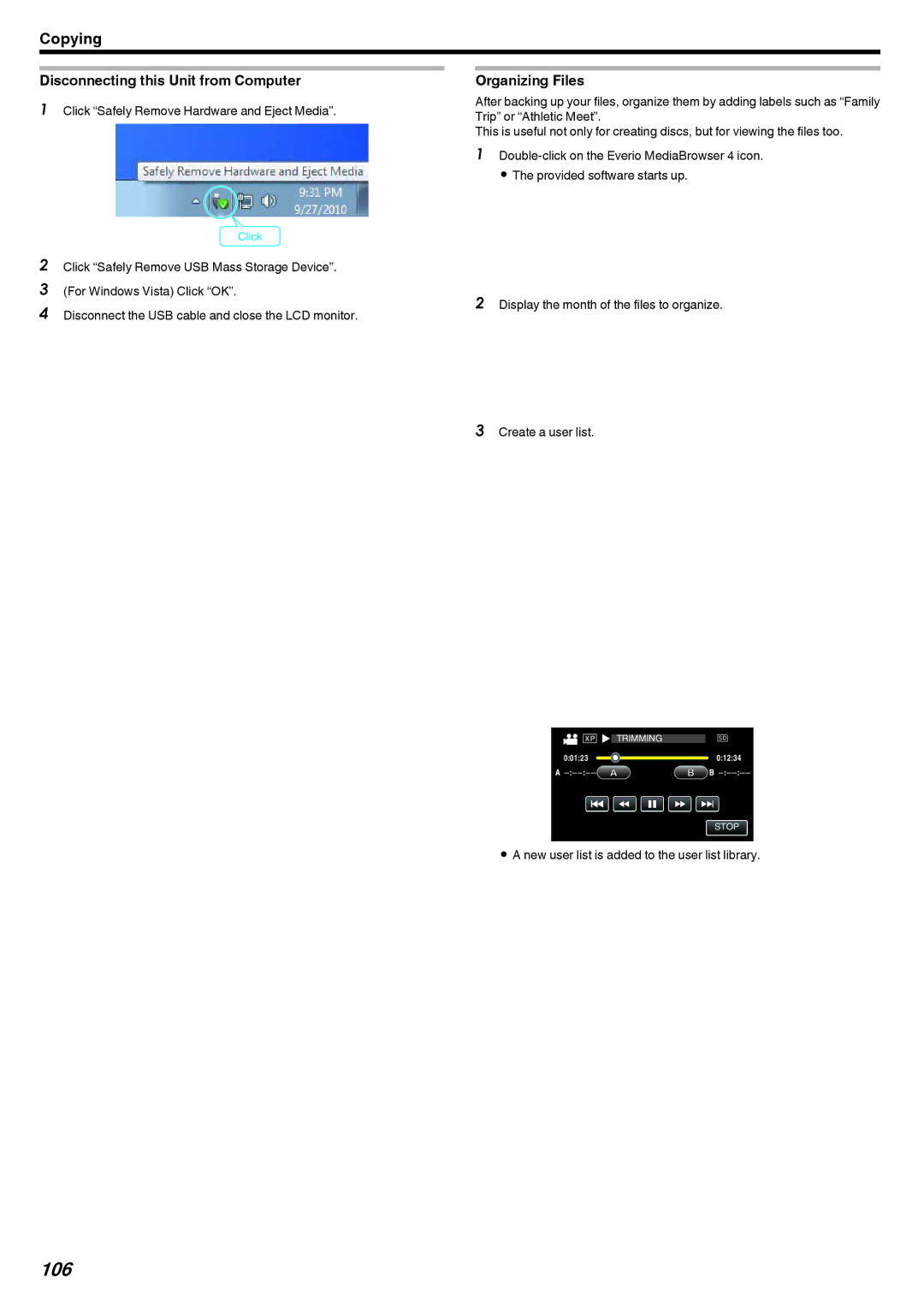 JVC GZ-V500 manual 106, Disconnecting this Unit from Computer, Organizing Files 