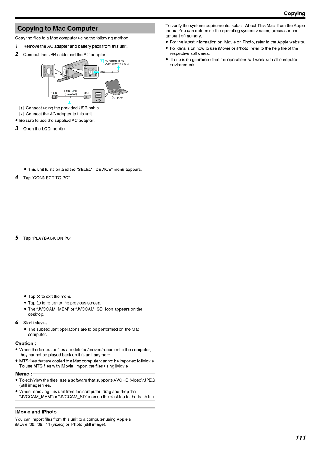 JVC GZ-V500 manual Copying to Mac Computer, 111, IMovie and iPhoto 