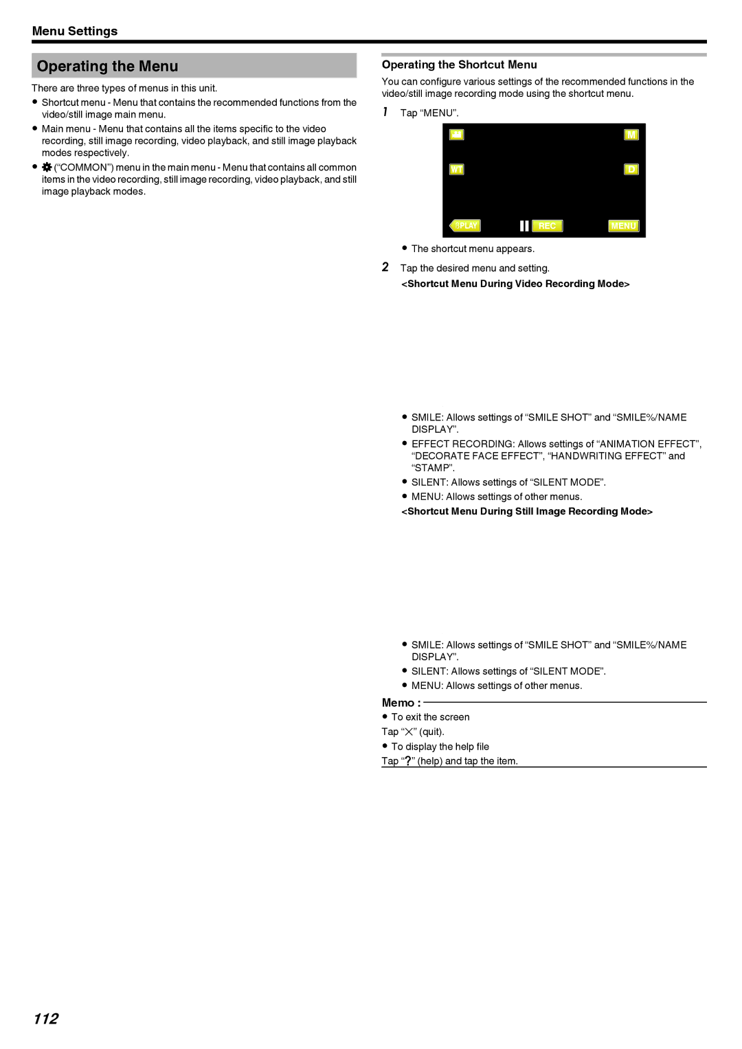 JVC GZ-V500 manual Operating the Menu, 112, Operating the Shortcut Menu, Shortcut Menu During Video Recording Mode 