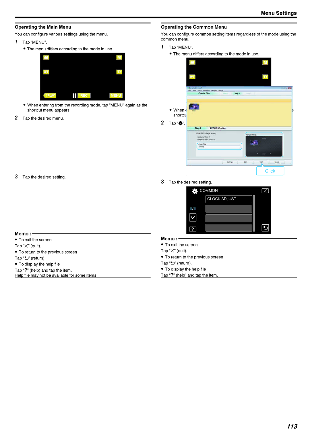 JVC GZ-V500 manual 113, Operating the Main Menu, Operating the Common Menu 