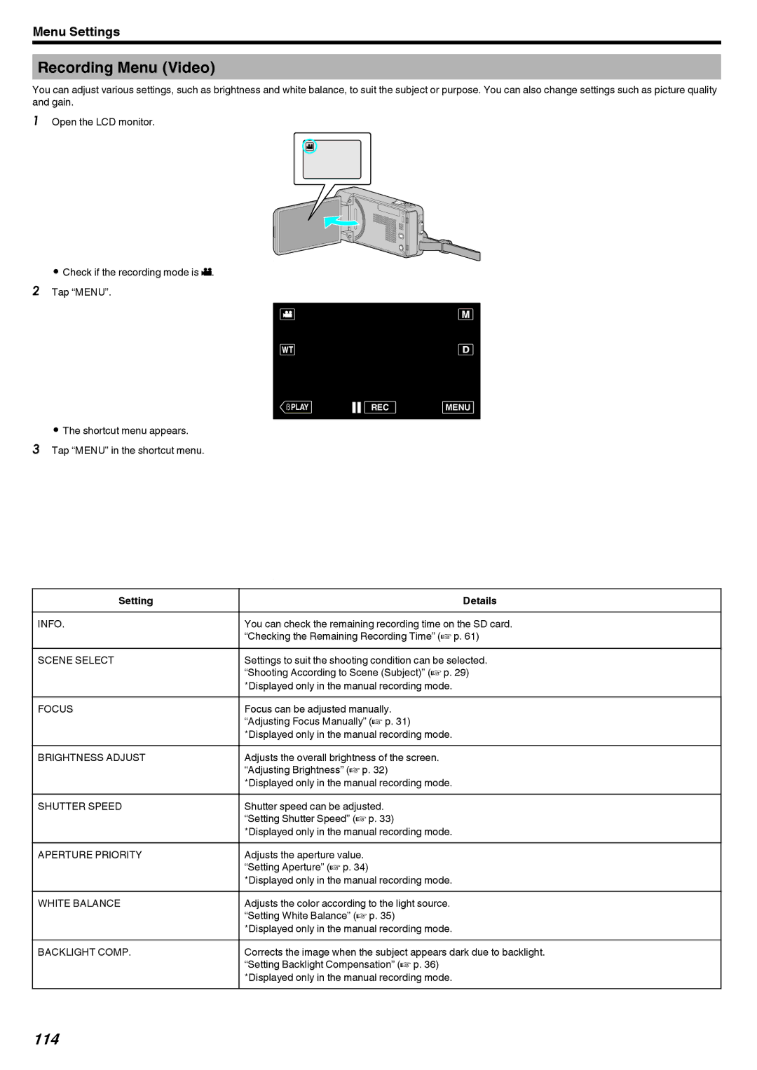 JVC GZ-V500 manual Recording Menu Video, 114, Info, Brightness Adjust 