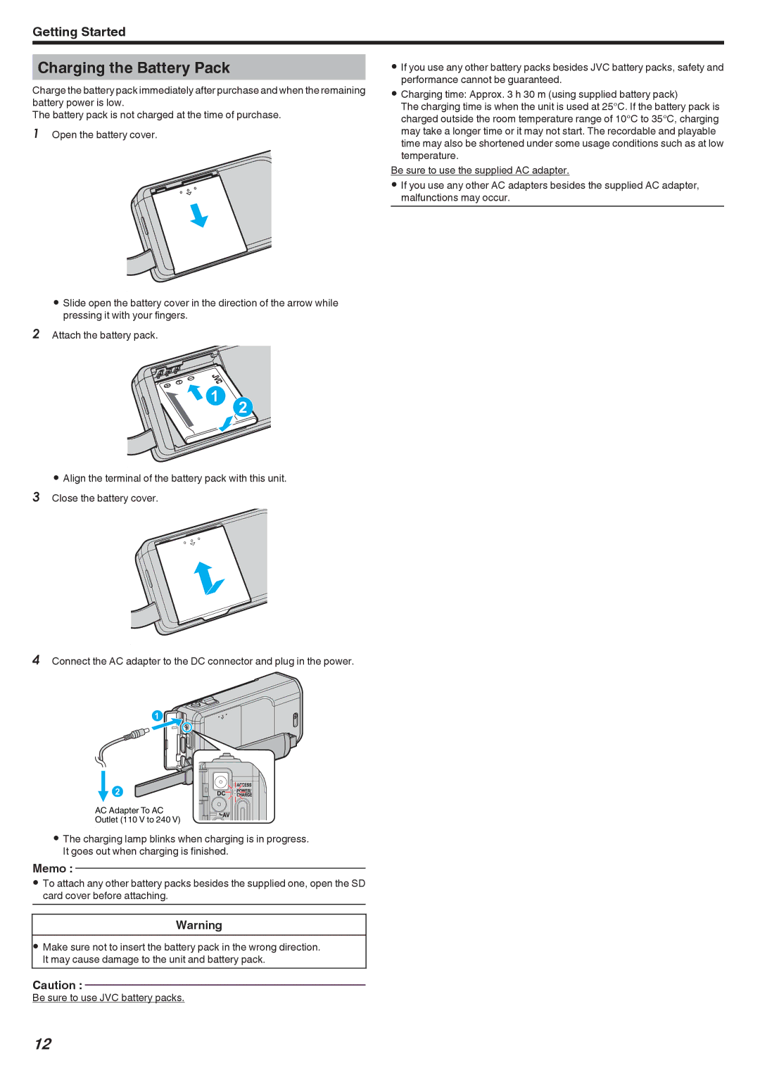 JVC GZ-V500 manual Charging the Battery Pack 