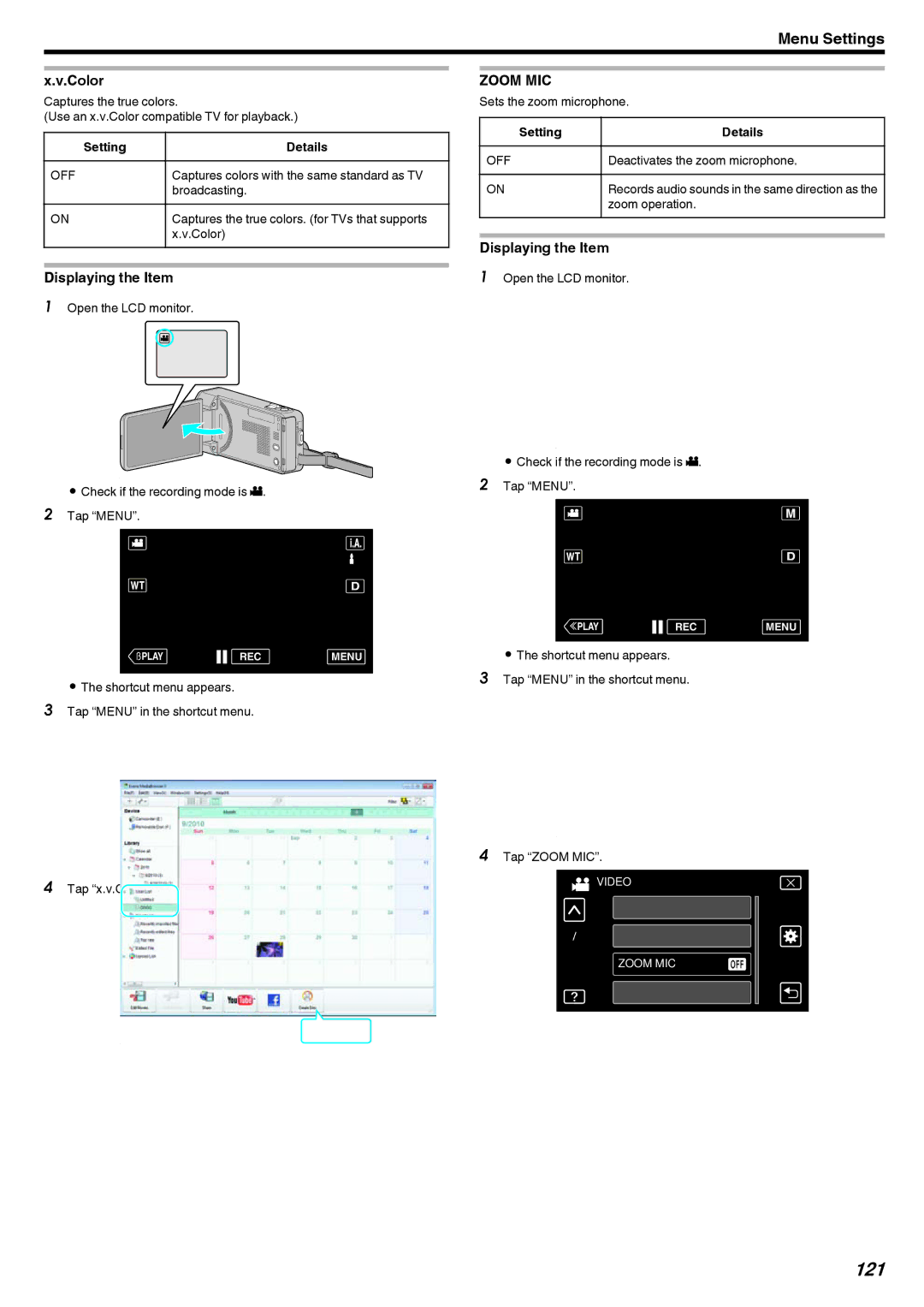 JVC GZ-V500 manual 121, Color, Zoom MIC 
