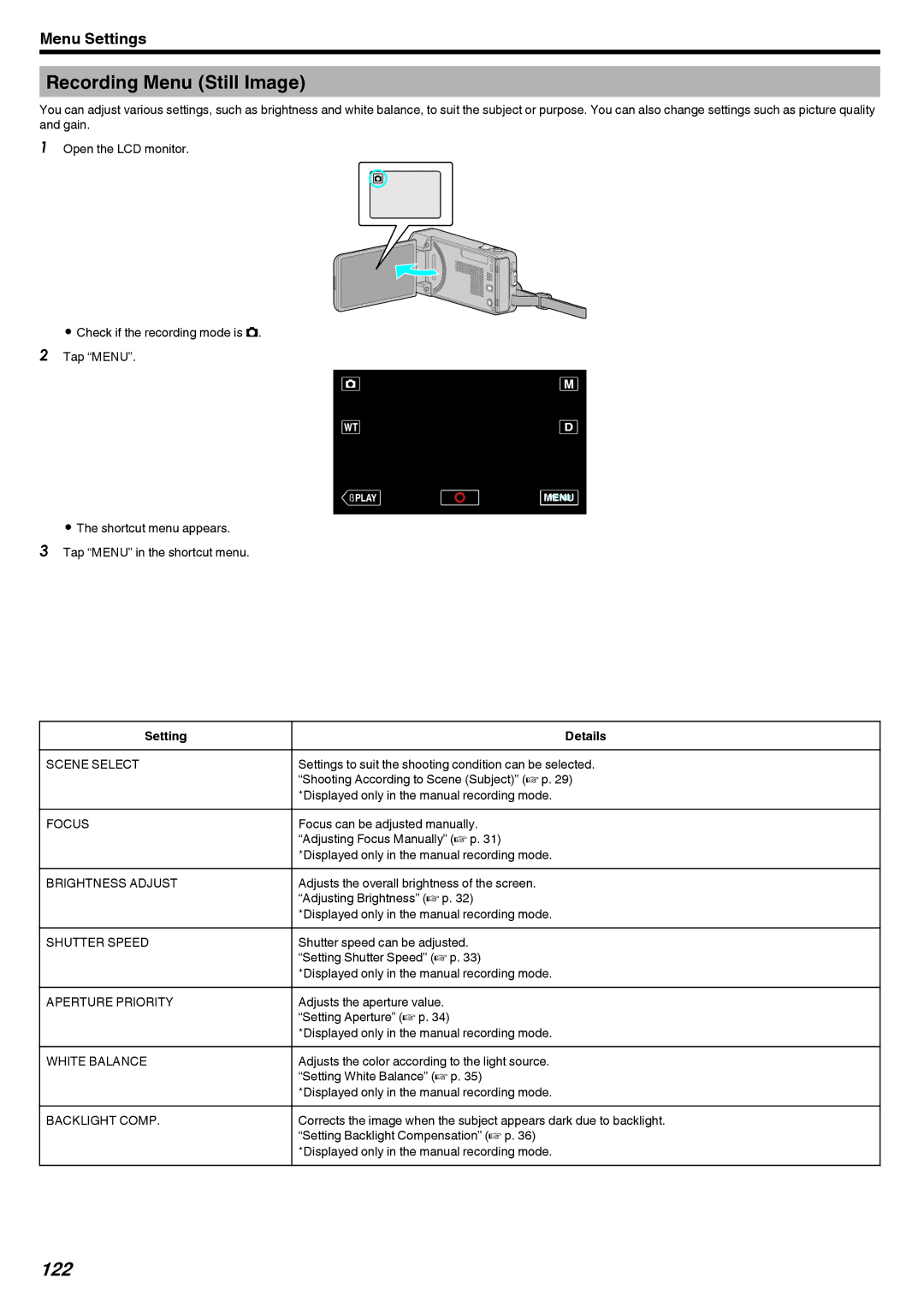 JVC GZ-V500 manual Recording Menu Still Image, 122 