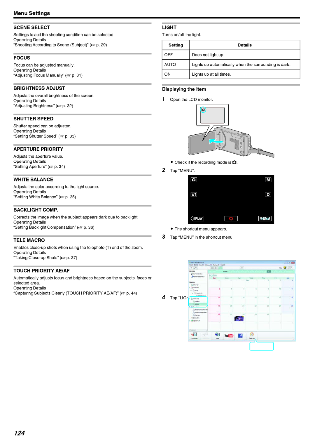 JVC GZ-V500 manual 124, Lights up automatically when the surrounding is dark 