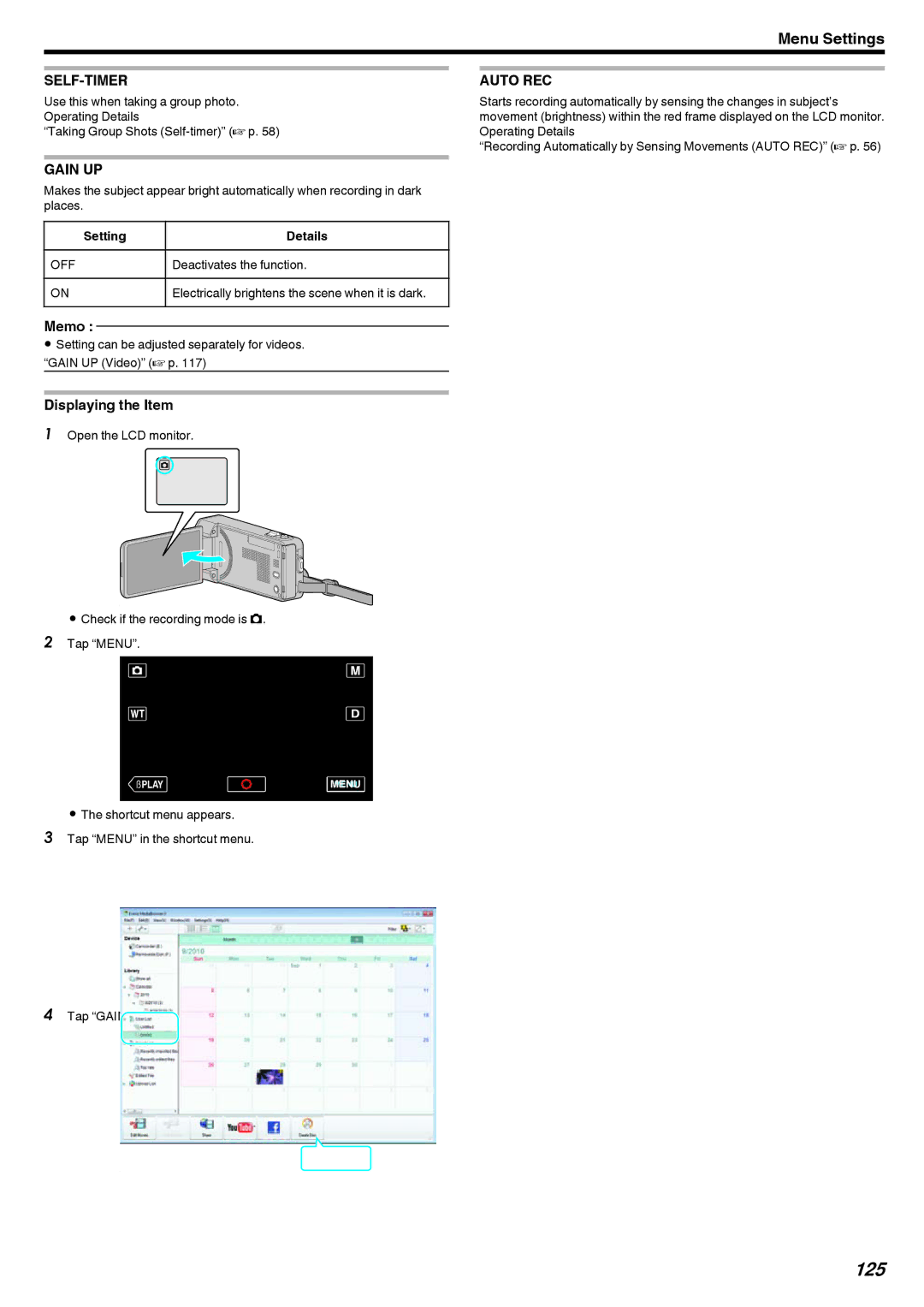 JVC GZ-V500 manual 125, Self-Timer 