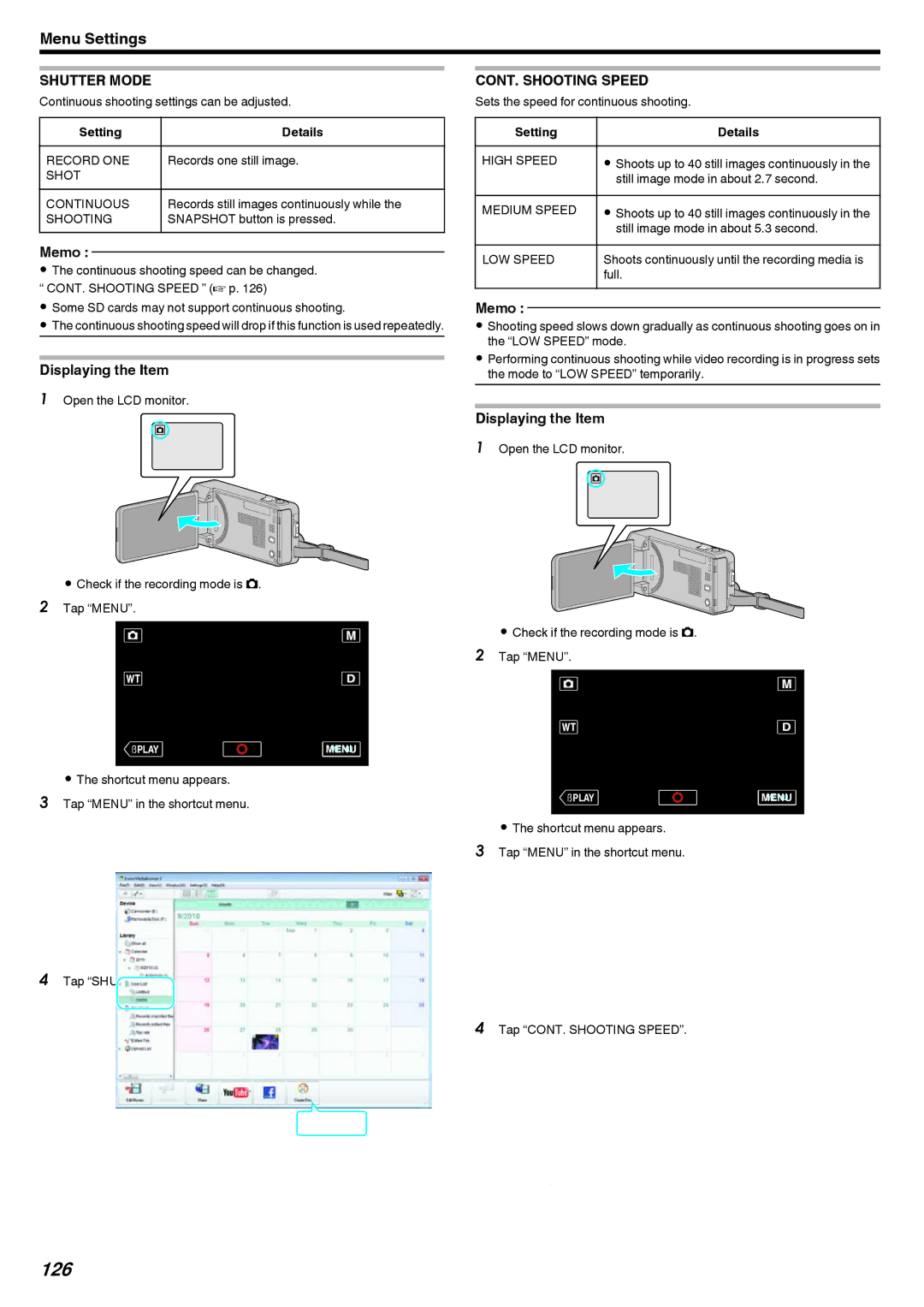 JVC GZ-V500 manual 126, CONT. Shooting Speed, High Speed, Medium Speed, LOW Speed 