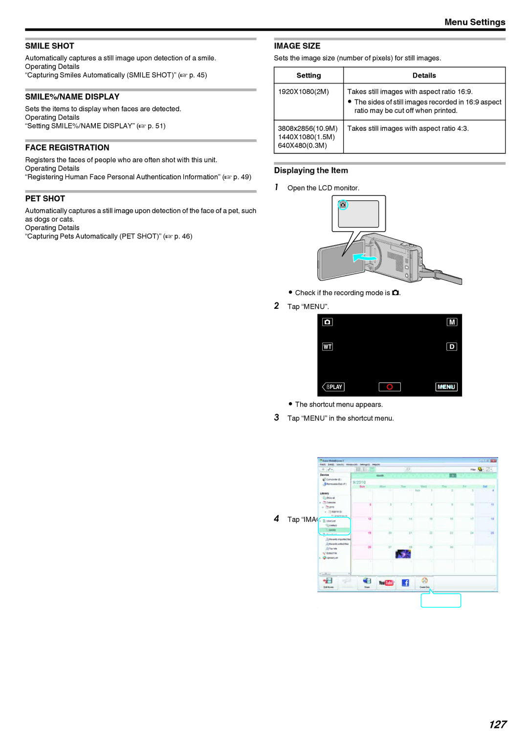 JVC GZ-V500 manual 127, Image Size, 1920X10802M Takes still images with aspect ratio, Ratio may be cut off when printed 