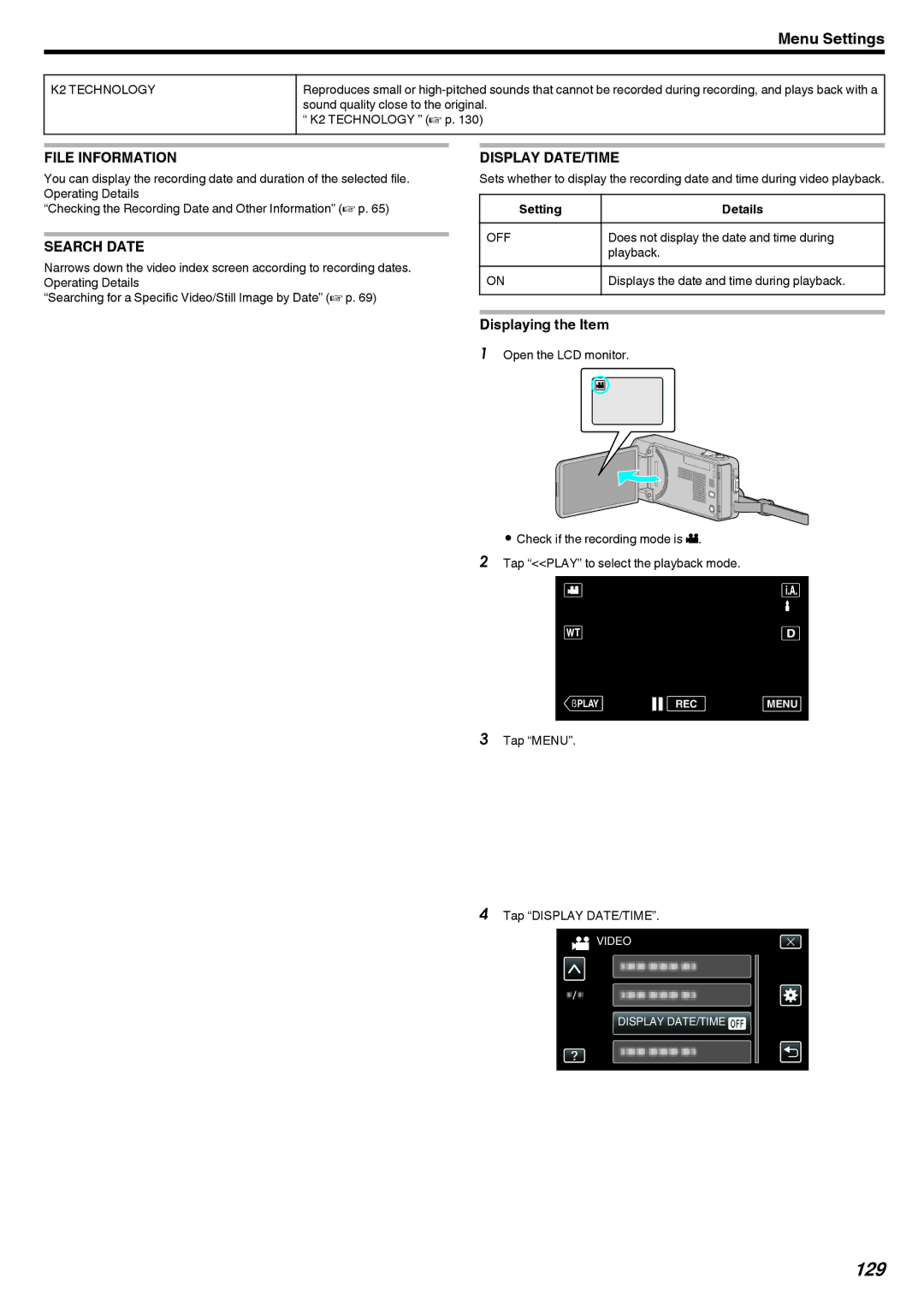 JVC GZ-V500 manual 129, File Information, Search Date, Display DATE/TIME, K2 Technology 