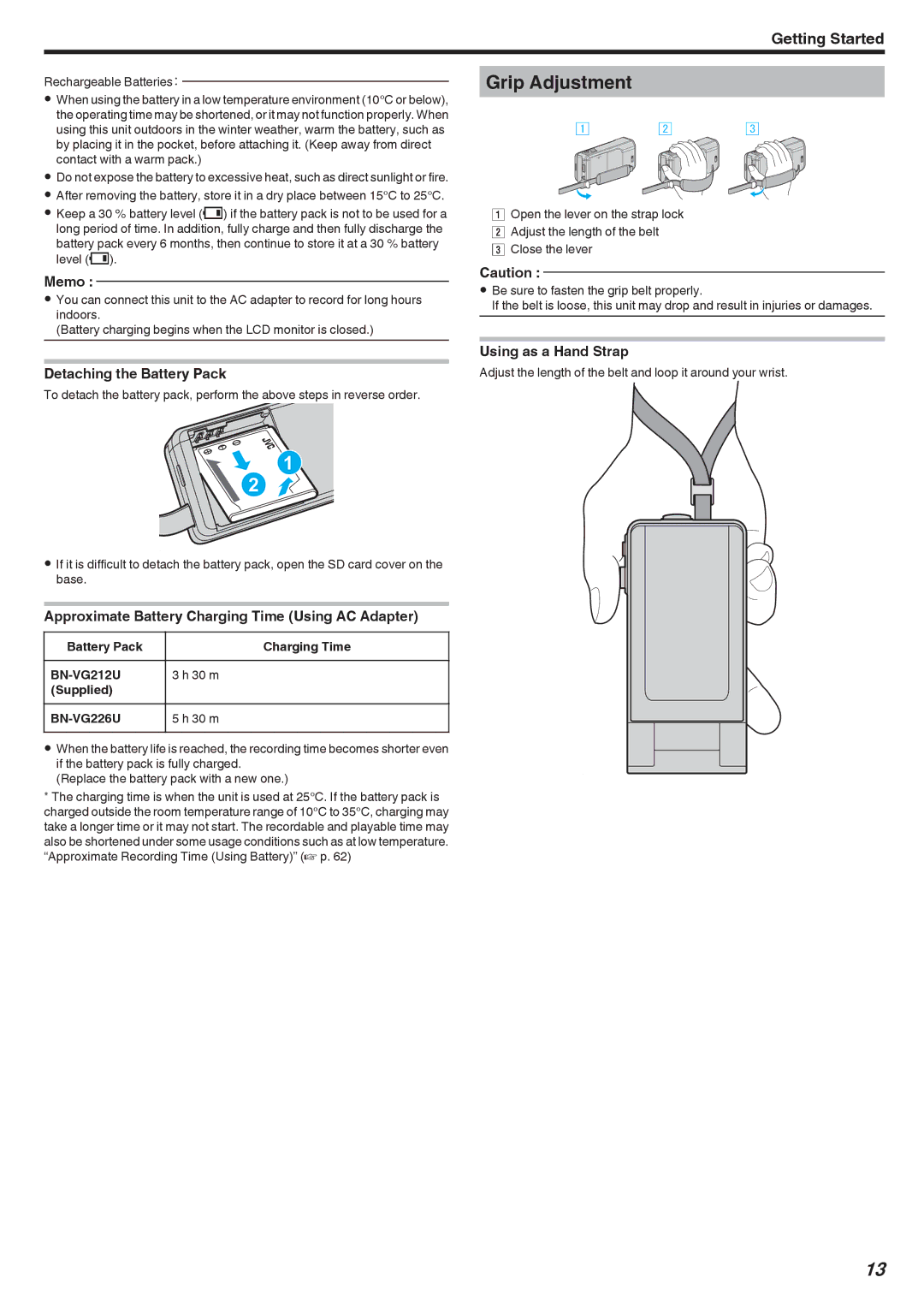 JVC GZ-V500 manual Grip Adjustment, Detaching the Battery Pack, Approximate Battery Charging Time Using AC Adapter 