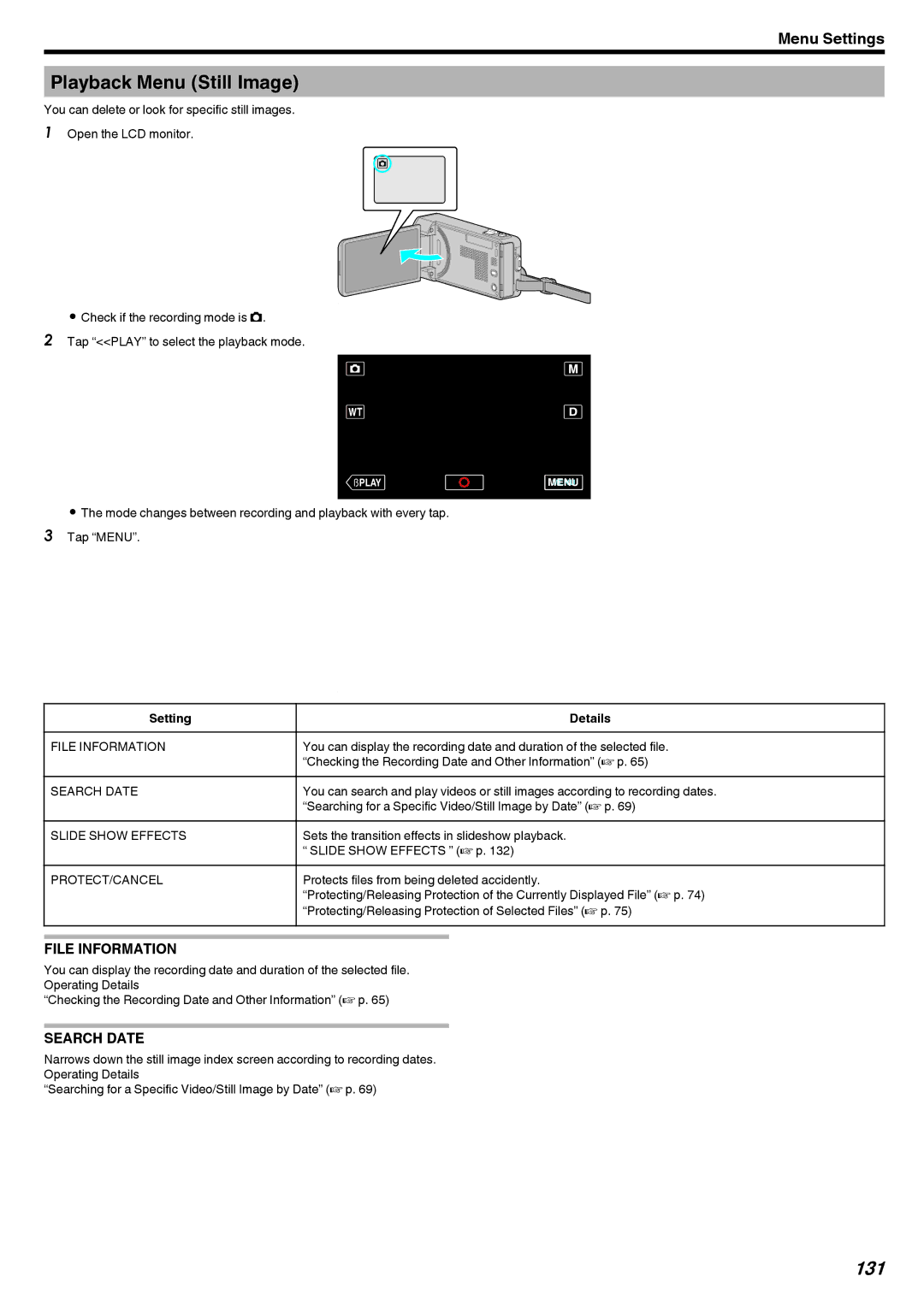 JVC GZ-V500 manual Playback Menu Still Image, 131, Slide Show Effects, Sets the transition effects in slideshow playback 