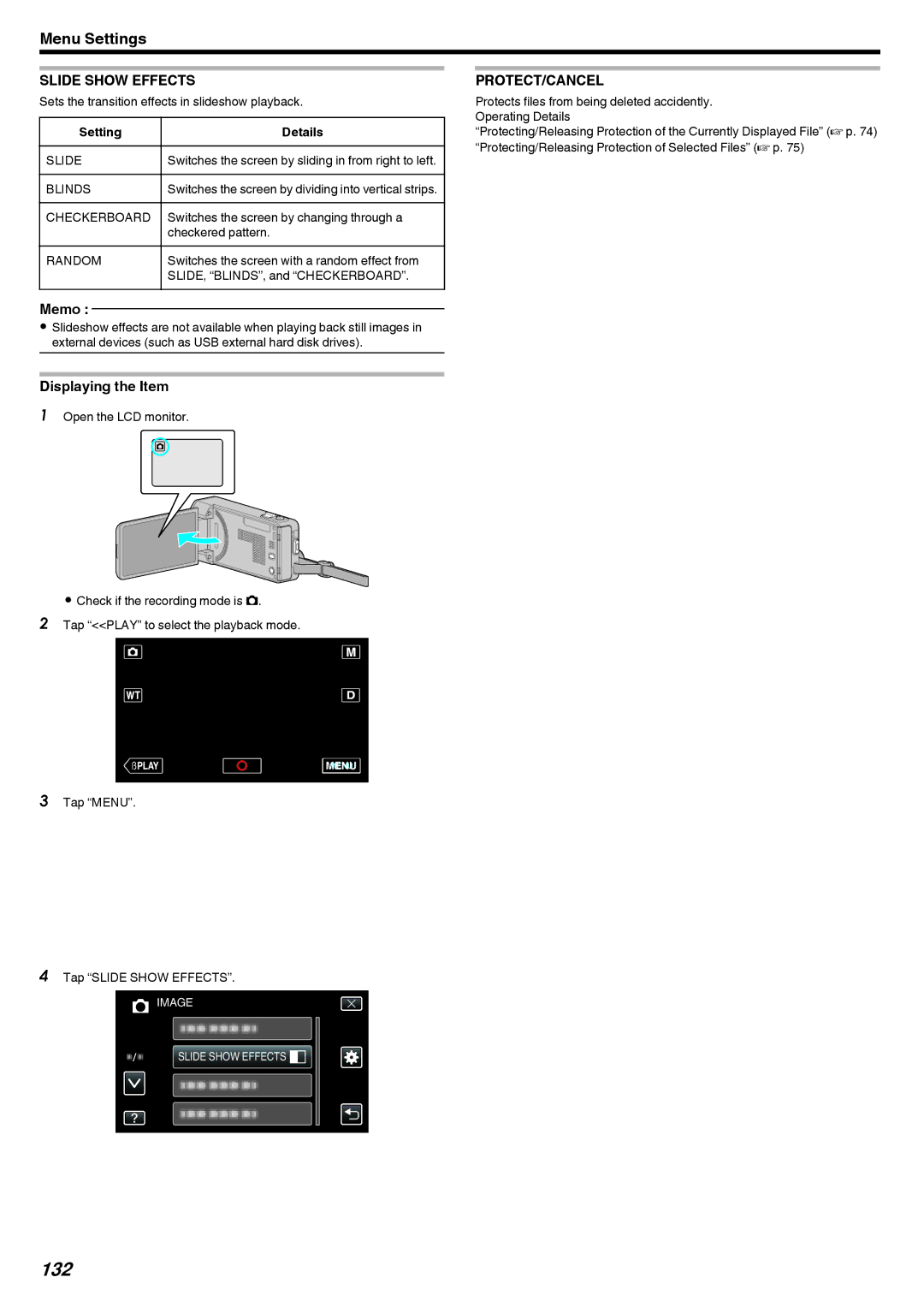 JVC GZ-V500 manual 132, Slide Show Effects 