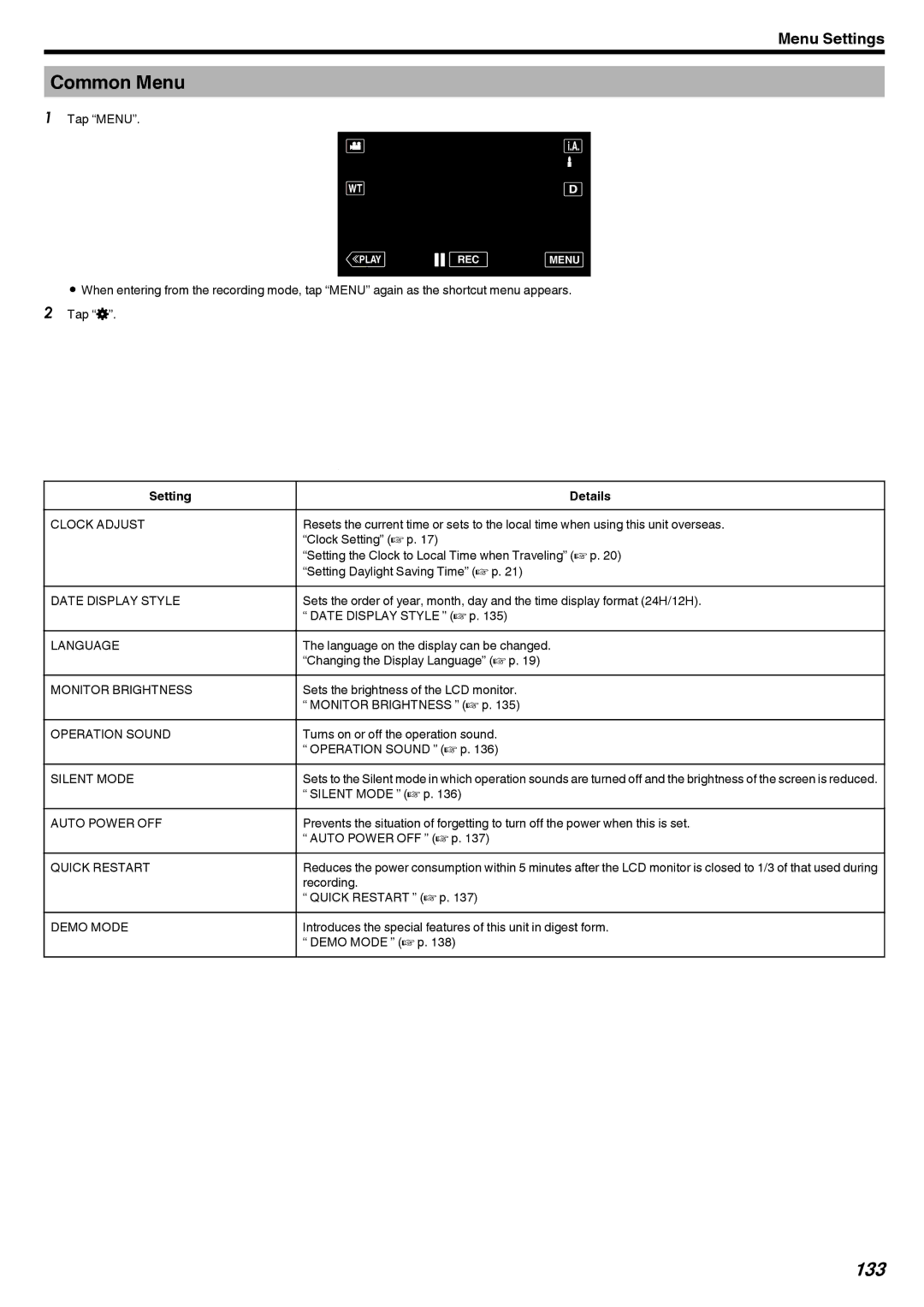 JVC GZ-V500 manual Common Menu, 133 