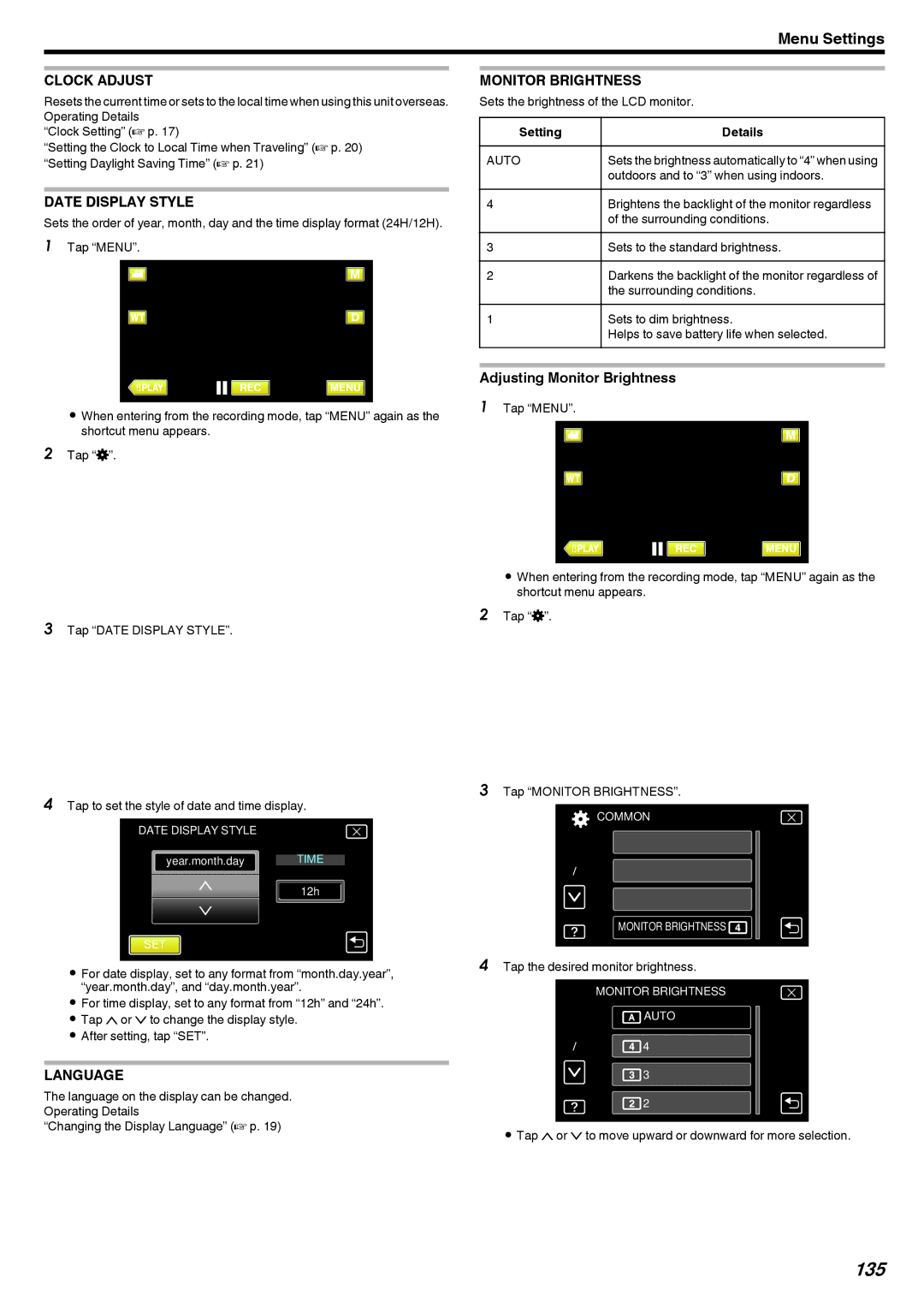 JVC GZ-V500 manual 135, Clock Adjust, Date Display Style, Language, Monitor Brightness 