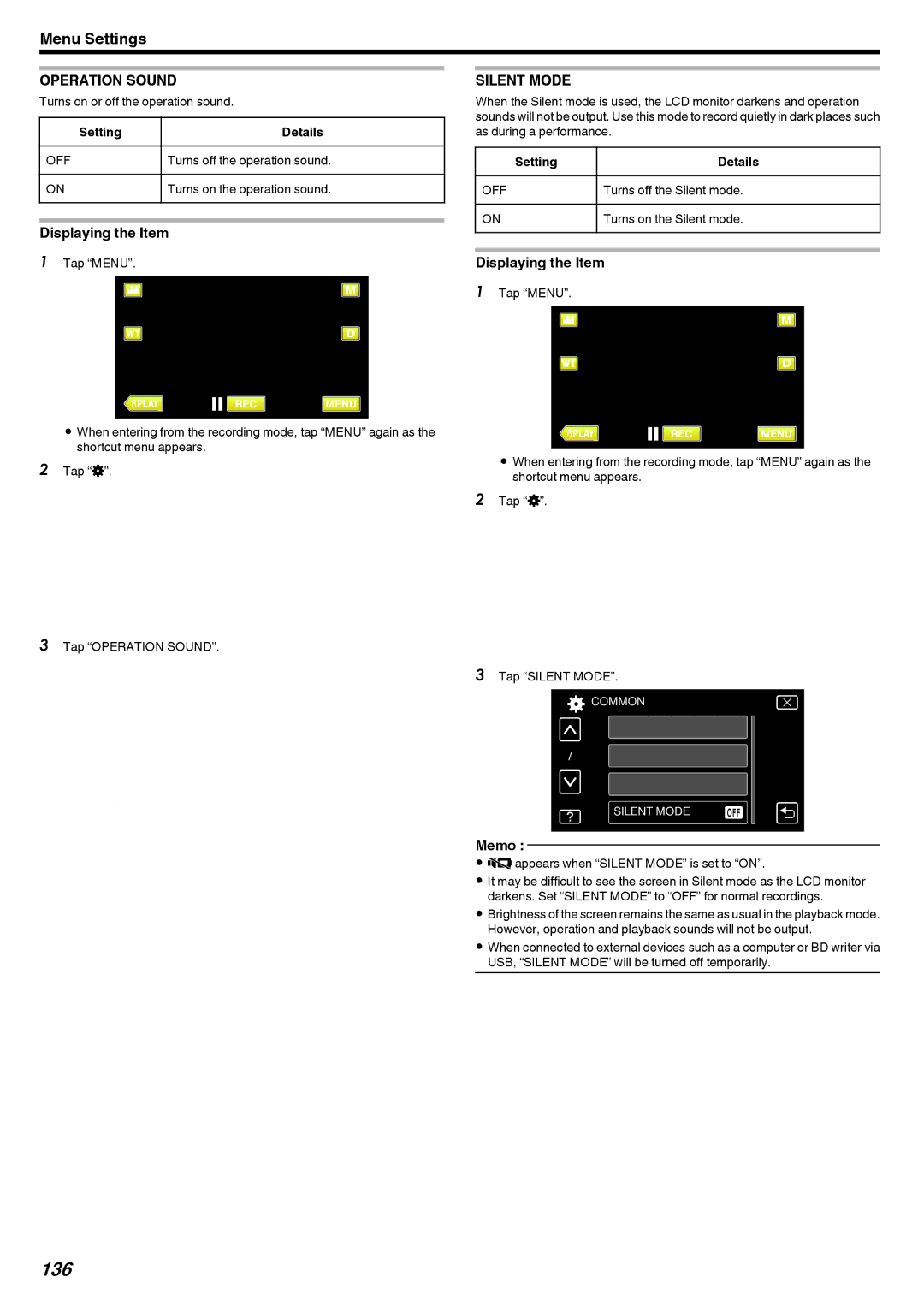 JVC GZ-V500 manual 136, Operation Sound, Silent Mode 