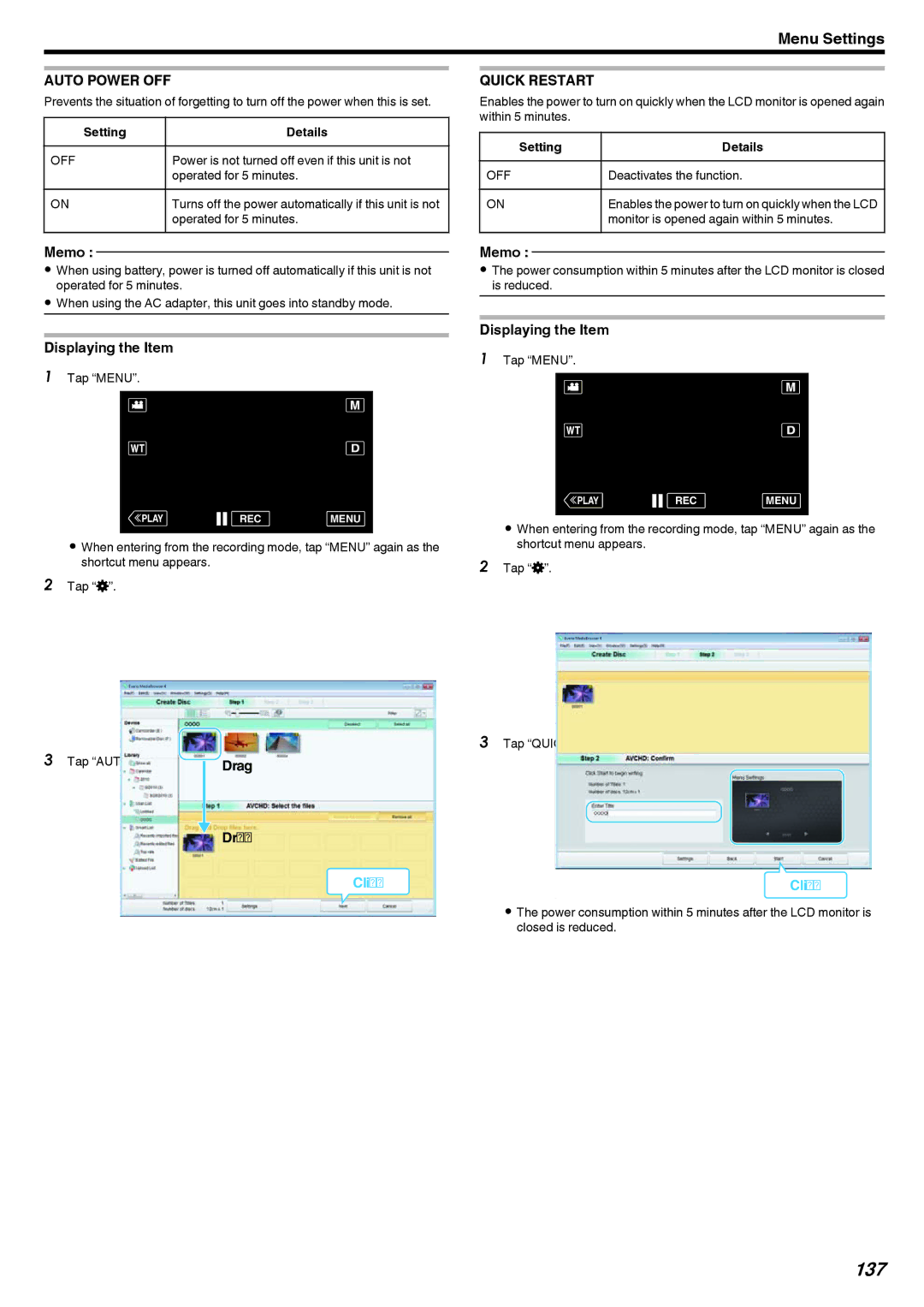 JVC GZ-V500 manual 137, Auto Power OFF, Quick Restart 