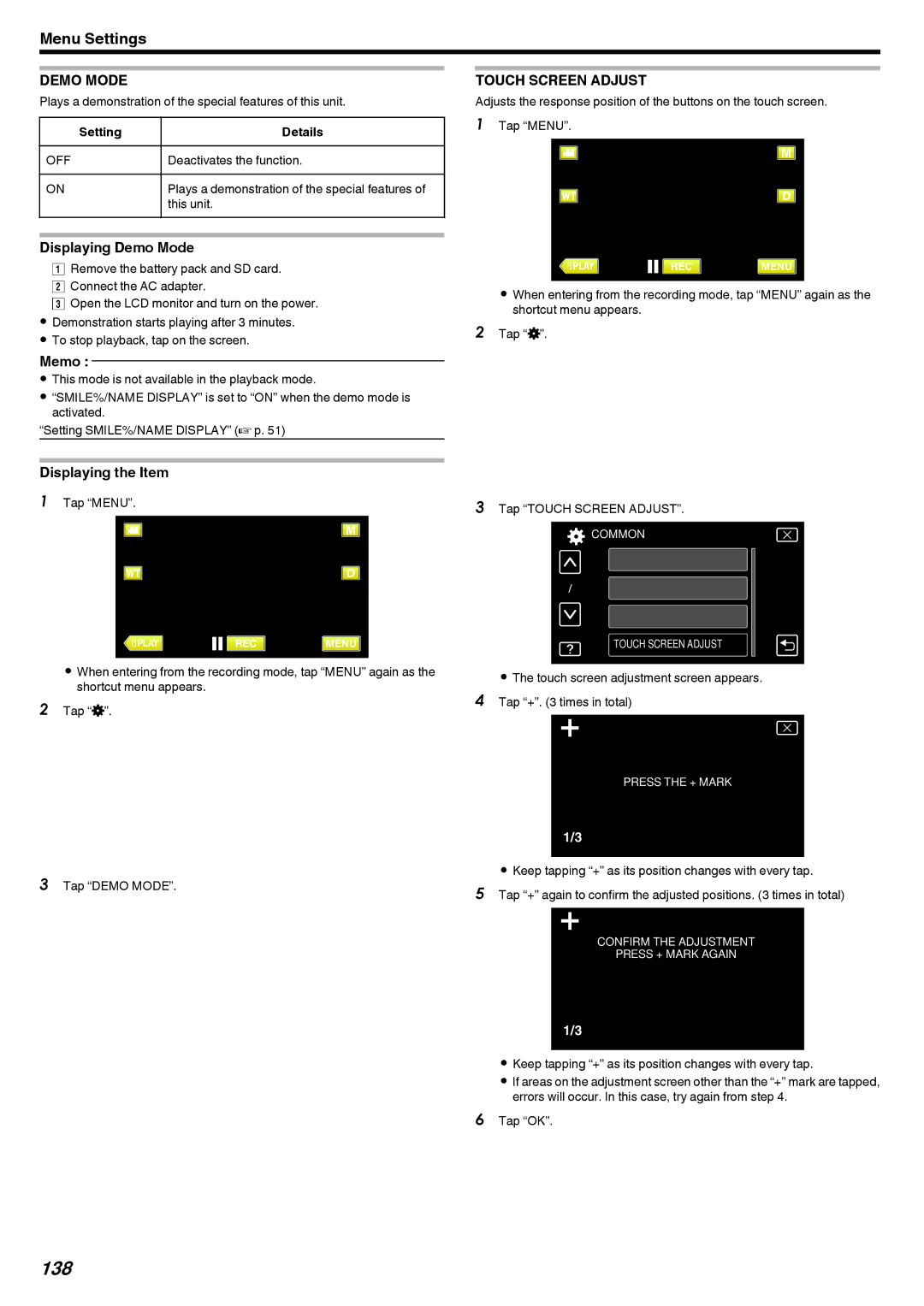 JVC GZ-V500 manual 138, Displaying Demo Mode, Touch Screen Adjust 