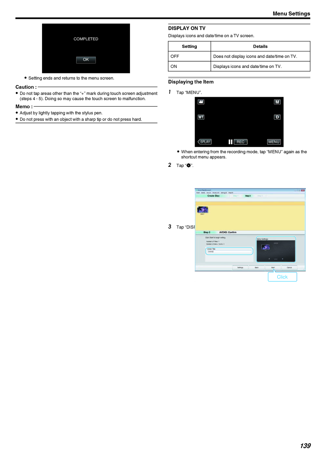 JVC GZ-V500 139, Display on TV, Setting ends and returns to the menu screen, Does not display icons and date/time on TV 