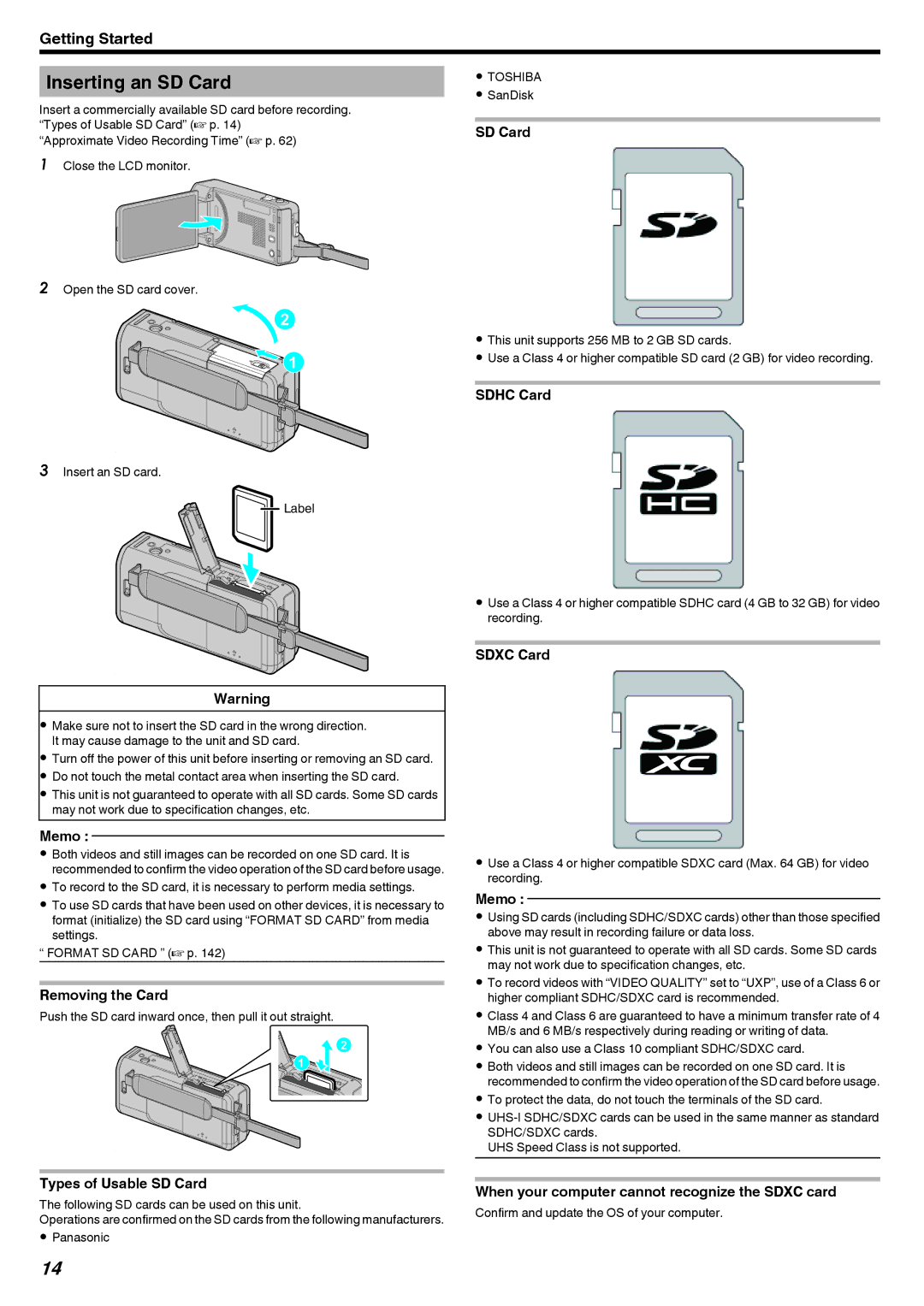 JVC GZ-V500 manual Inserting an SD Card 