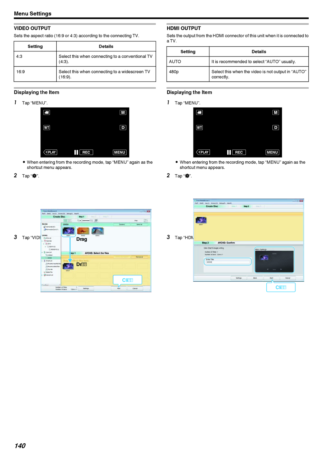 JVC GZ-V500 manual 140, Video Output, Hdmi Output 