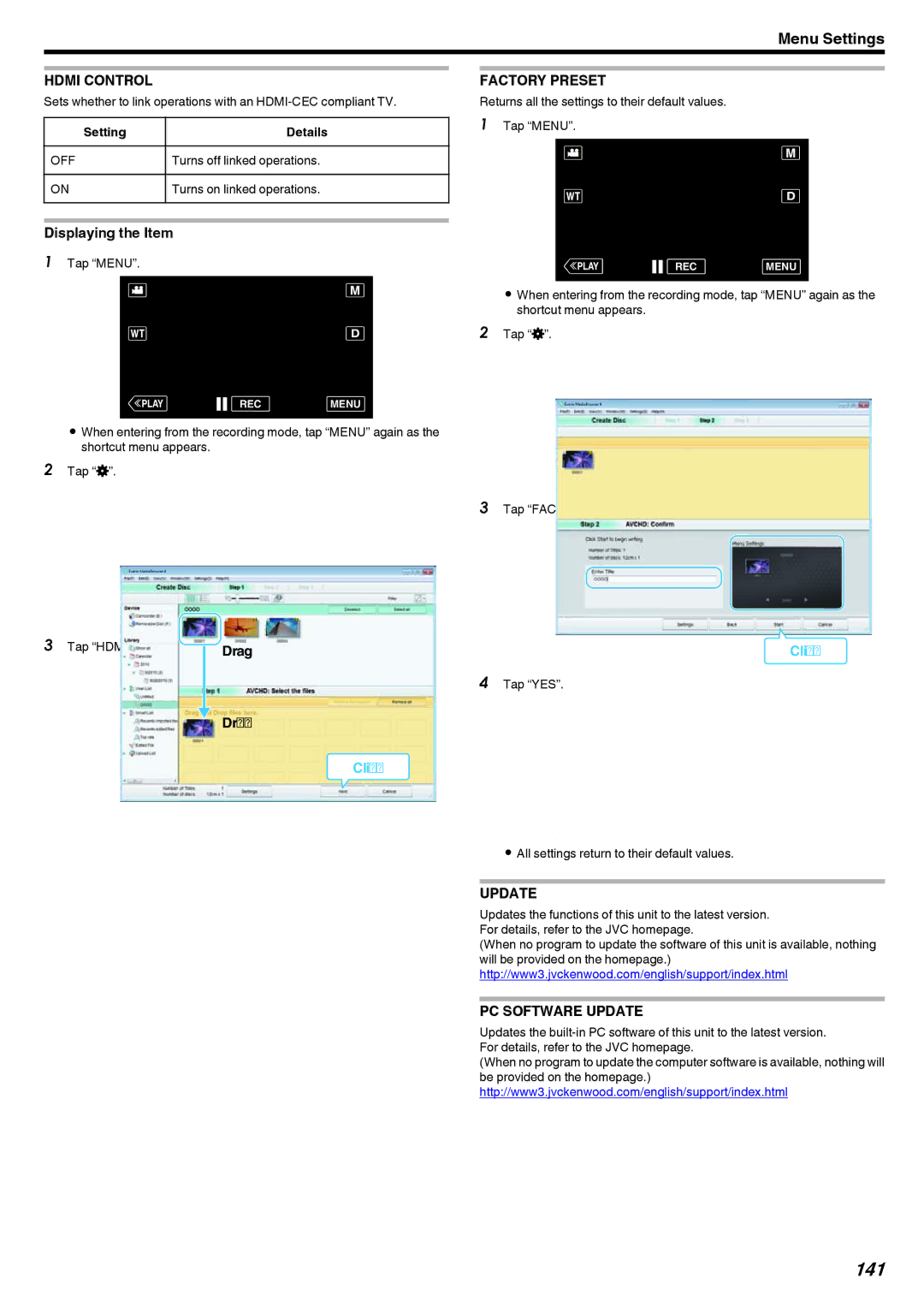 JVC GZ-V500 manual 141, Hdmi Control, Factory Preset, PC Software Update 