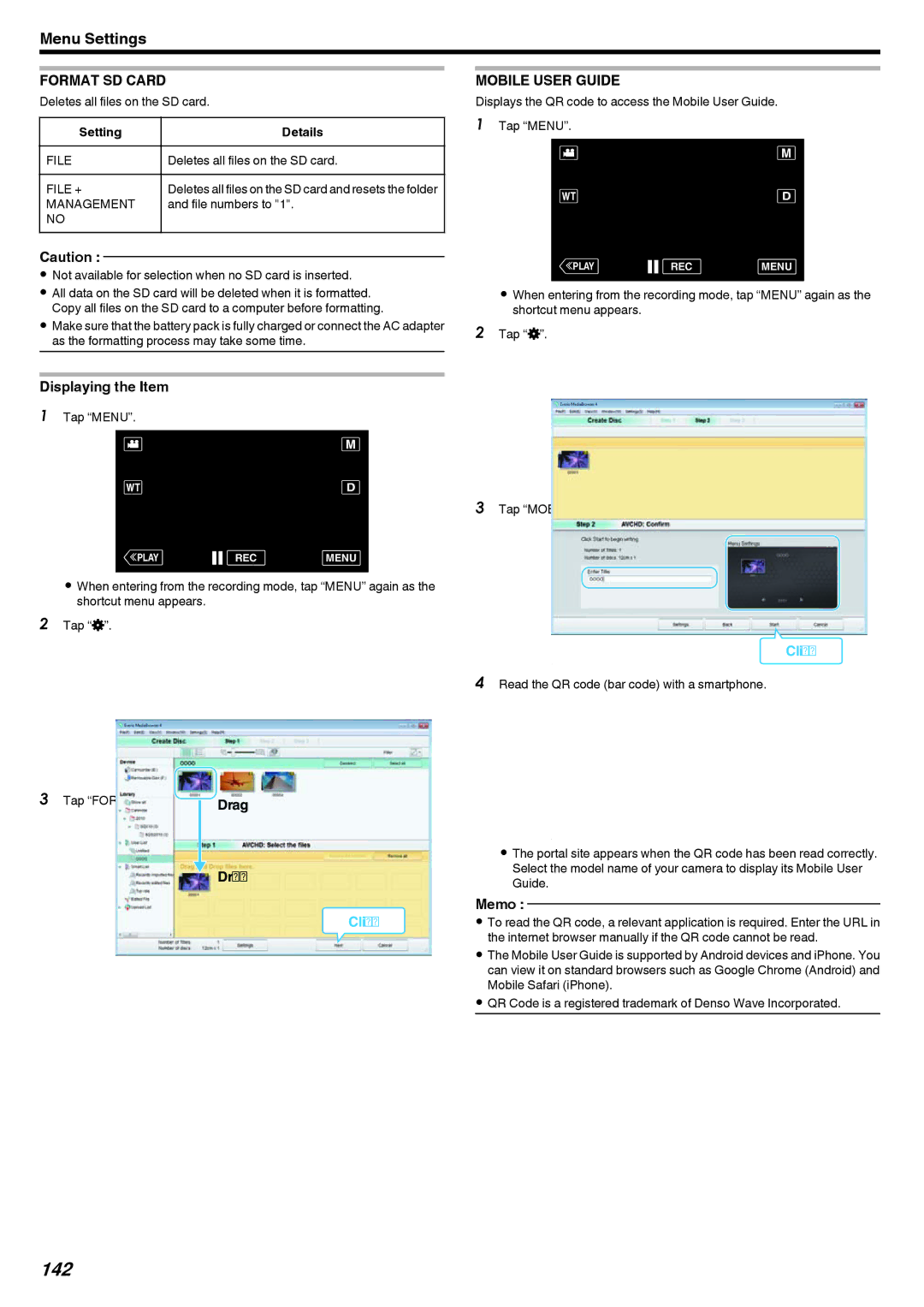 JVC GZ-V500 manual 142, Format SD Card, Mobile User Guide 