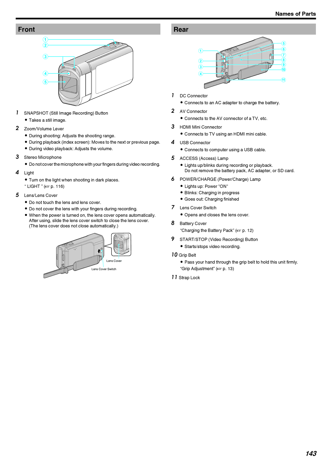 JVC GZ-V500 manual Front, Rear, 143 