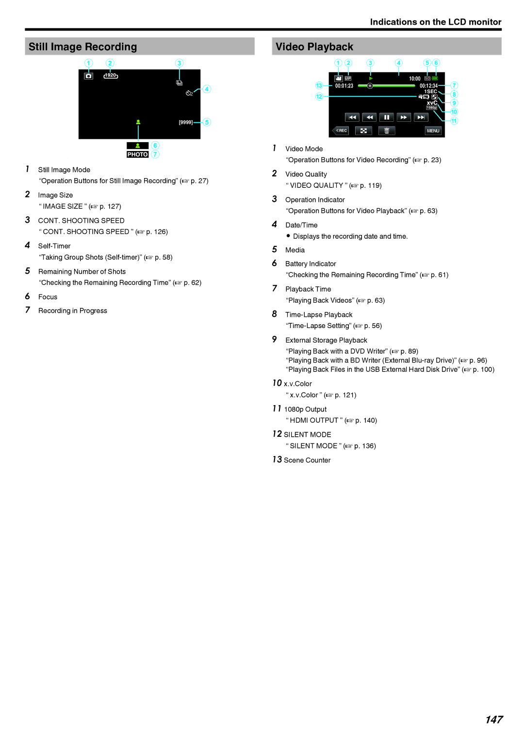 JVC GZ-V500 manual Still Image Recording Video Playback, 147, Silent Mode a p Scene Counter 