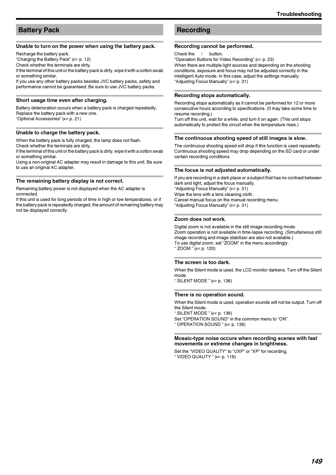 JVC GZ-V500 manual Battery Pack, 149 