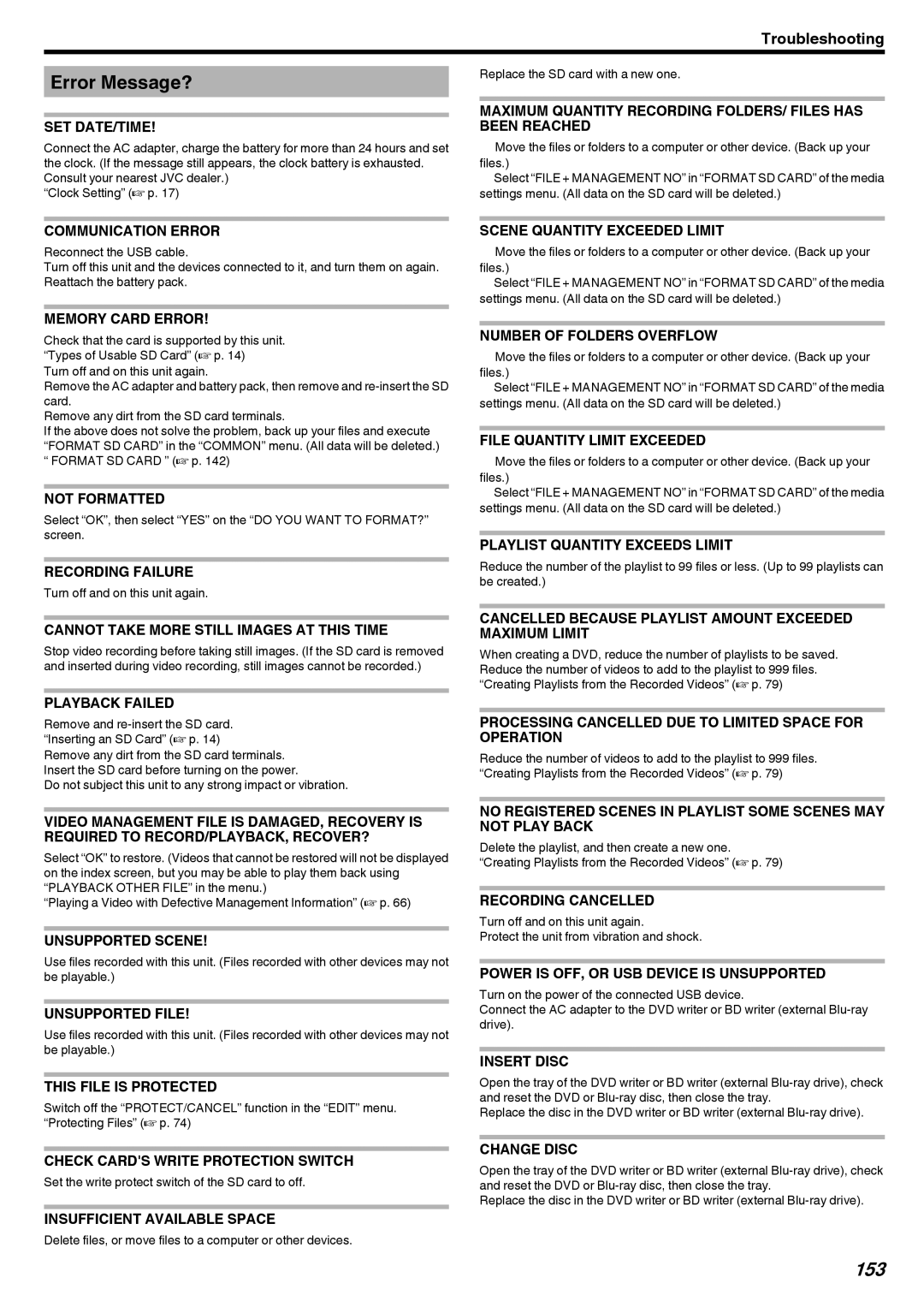 JVC GZ-V500 manual Error Message?, 153 