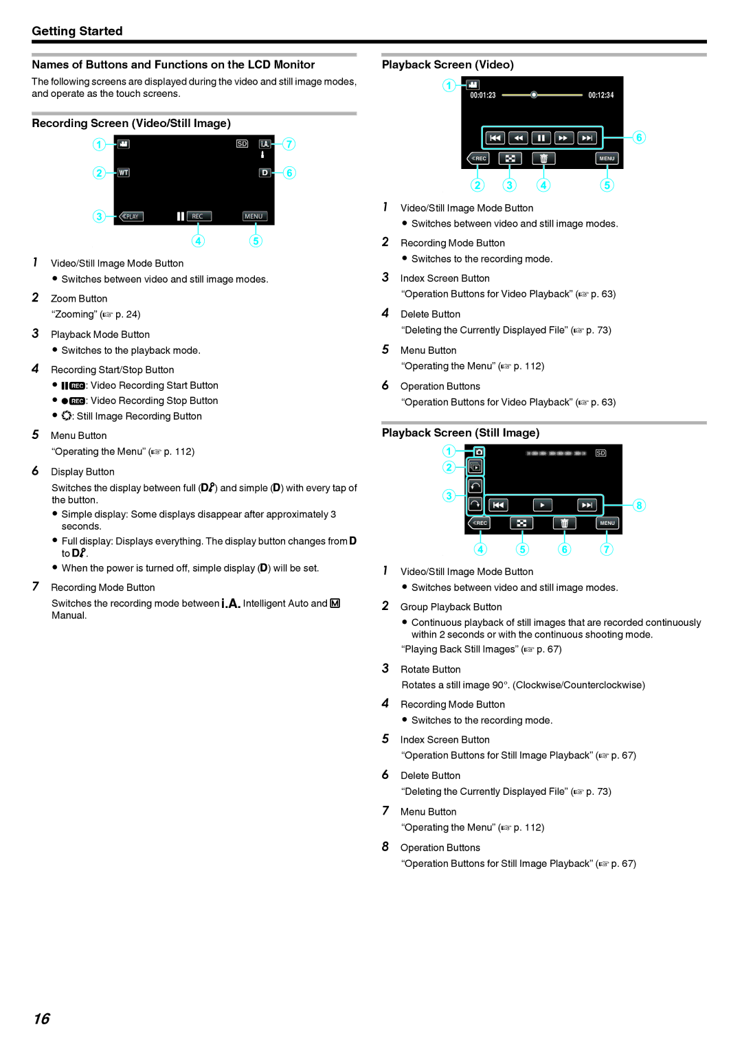 JVC GZ-V500 Names of Buttons and Functions on the LCD Monitor, Recording Screen Video/Still Image, Playback Screen Video 